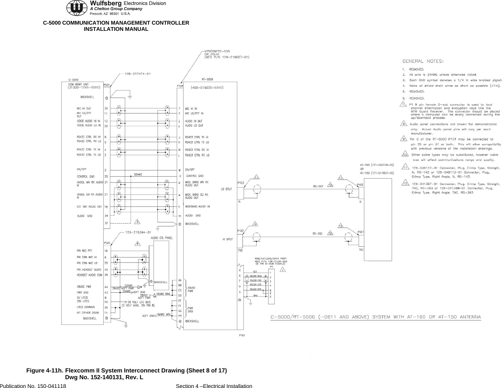  C-5000 COMMUNICATION MANAGEMENT CONTROLLER INSTALLATION MANUAL  Figure 4-11h. Flexcomm II System Interconnect Drawing (Sheet 8 of 17) Dwg No. 152-140131, Rev. L Publication No. 150-041118  Section 4 –Electrical Installation 