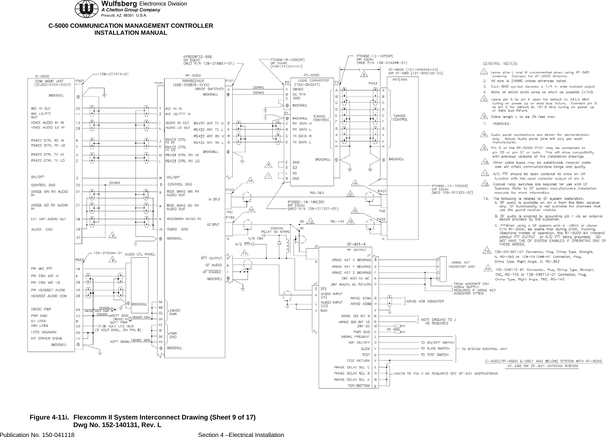  C-5000 COMMUNICATION MANAGEMENT CONTROLLER INSTALLATION MANUAL  Figure 4-11i.  Flexcomm II System Interconnect Drawing (Sheet 9 of 17) Dwg No. 152-140131, Rev. L Publication No. 150-041118  Section 4 –Electrical Installation 