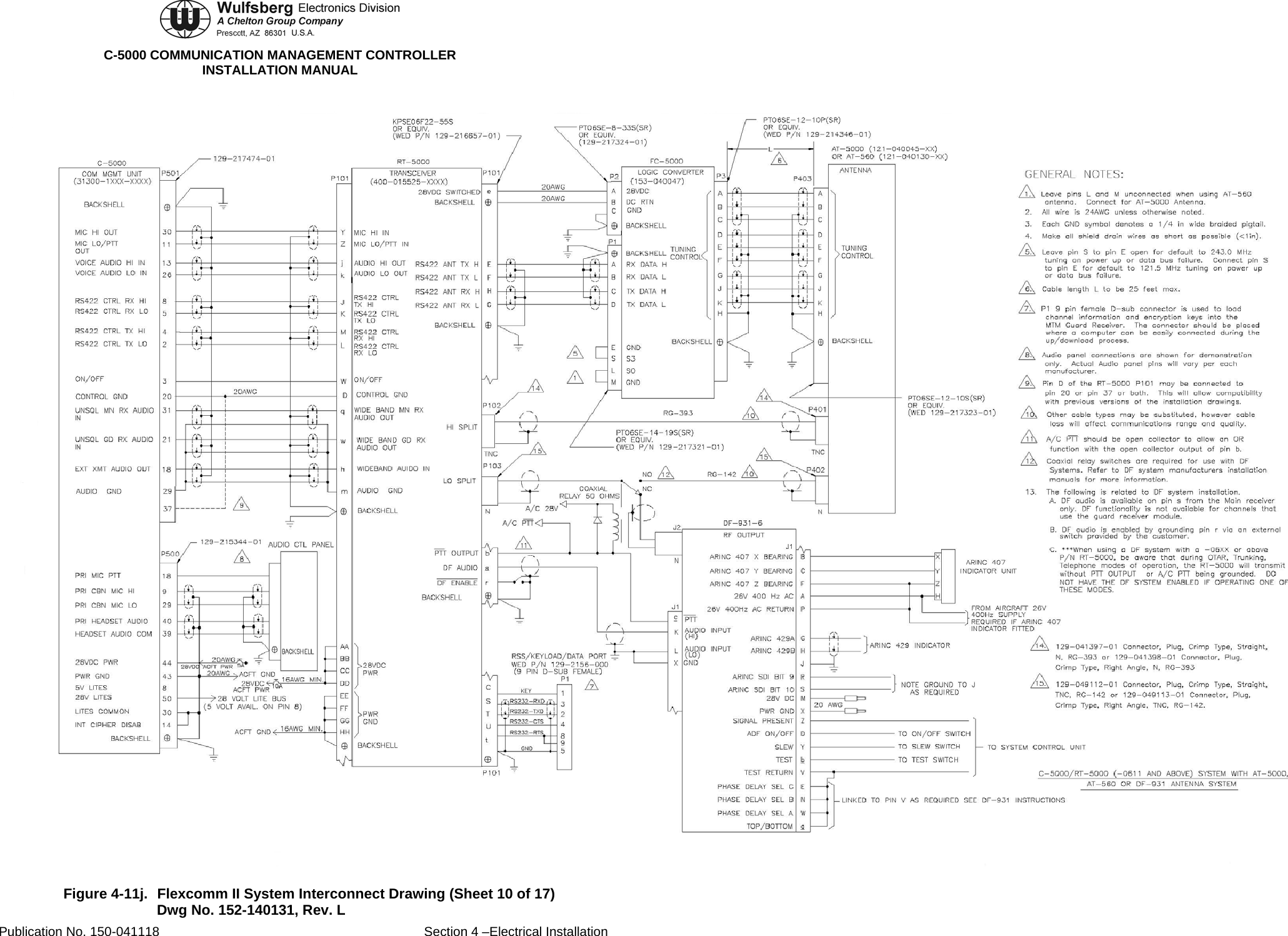  C-5000 COMMUNICATION MANAGEMENT CONTROLLER INSTALLATION MANUAL  Figure 4-11j.  Flexcomm II System Interconnect Drawing (Sheet 10 of 17) Dwg No. 152-140131, Rev. L Publication No. 150-041118  Section 4 –Electrical Installation 