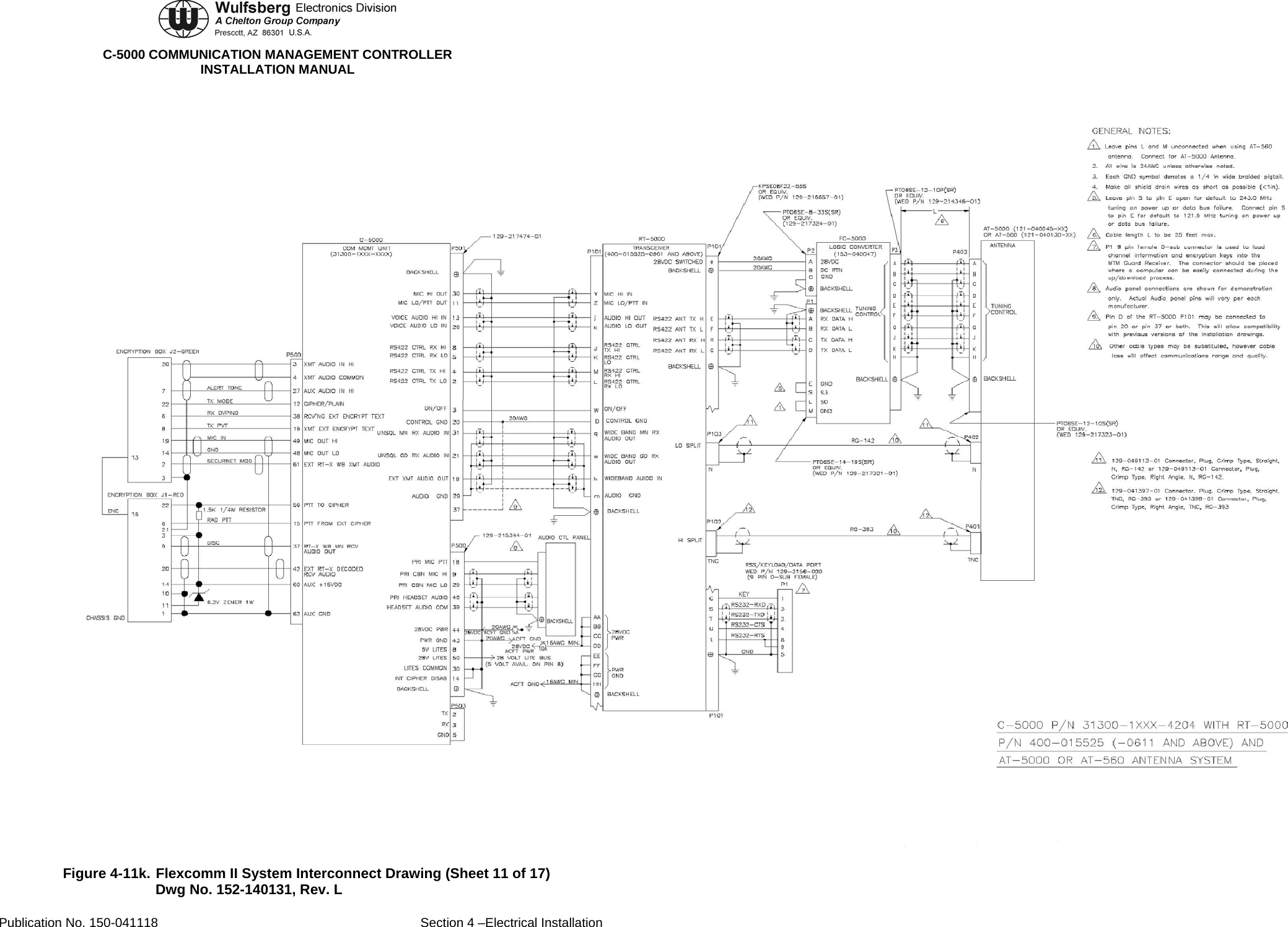  C-5000 COMMUNICATION MANAGEMENT CONTROLLER INSTALLATION MANUAL  Figure 4-11k. Flexcomm II System Interconnect Drawing (Sheet 11 of 17) Dwg No. 152-140131, Rev. L Publication No. 150-041118  Section 4 –Electrical Installation 
