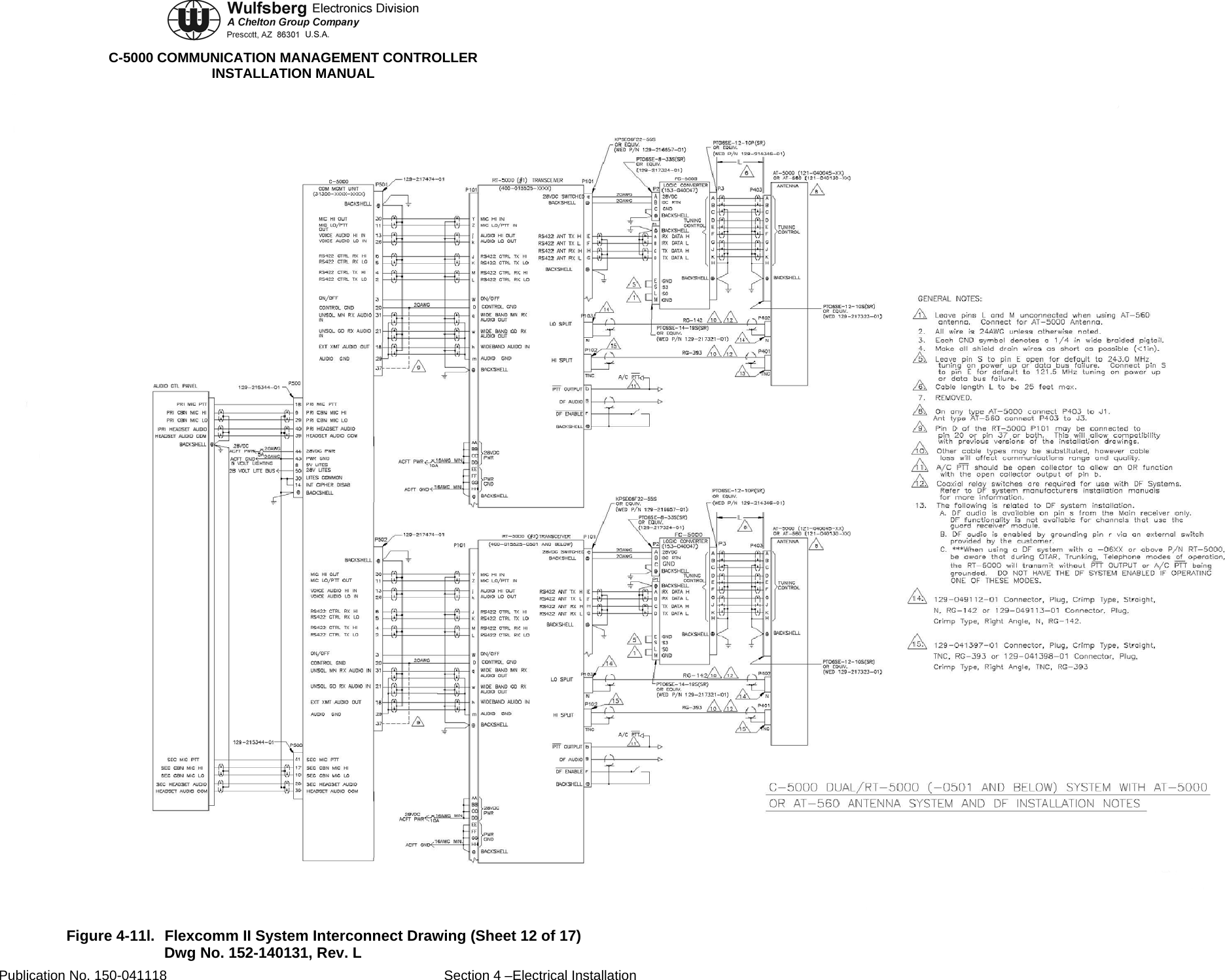  C-5000 COMMUNICATION MANAGEMENT CONTROLLER INSTALLATION MANUAL  Figure 4-11l.  Flexcomm II System Interconnect Drawing (Sheet 12 of 17) Dwg No. 152-140131, Rev. L Publication No. 150-041118  Section 4 –Electrical Installation 