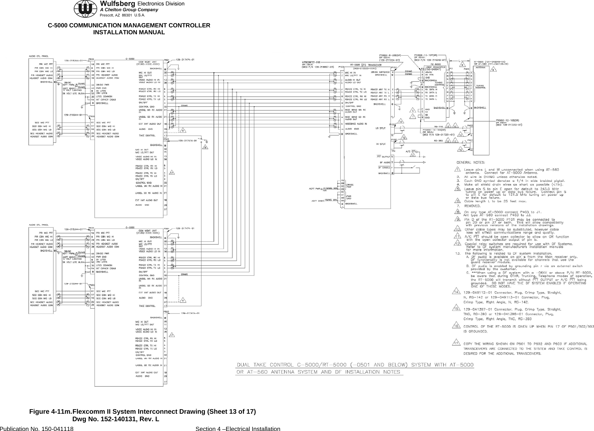  C-5000 COMMUNICATION MANAGEMENT CONTROLLER INSTALLATION MANUAL  Figure 4-11m. Flexcomm II System Interconnect Drawing (Sheet 13 of 17) Dwg No. 152-140131, Rev. L Publication No. 150-041118  Section 4 –Electrical Installation 