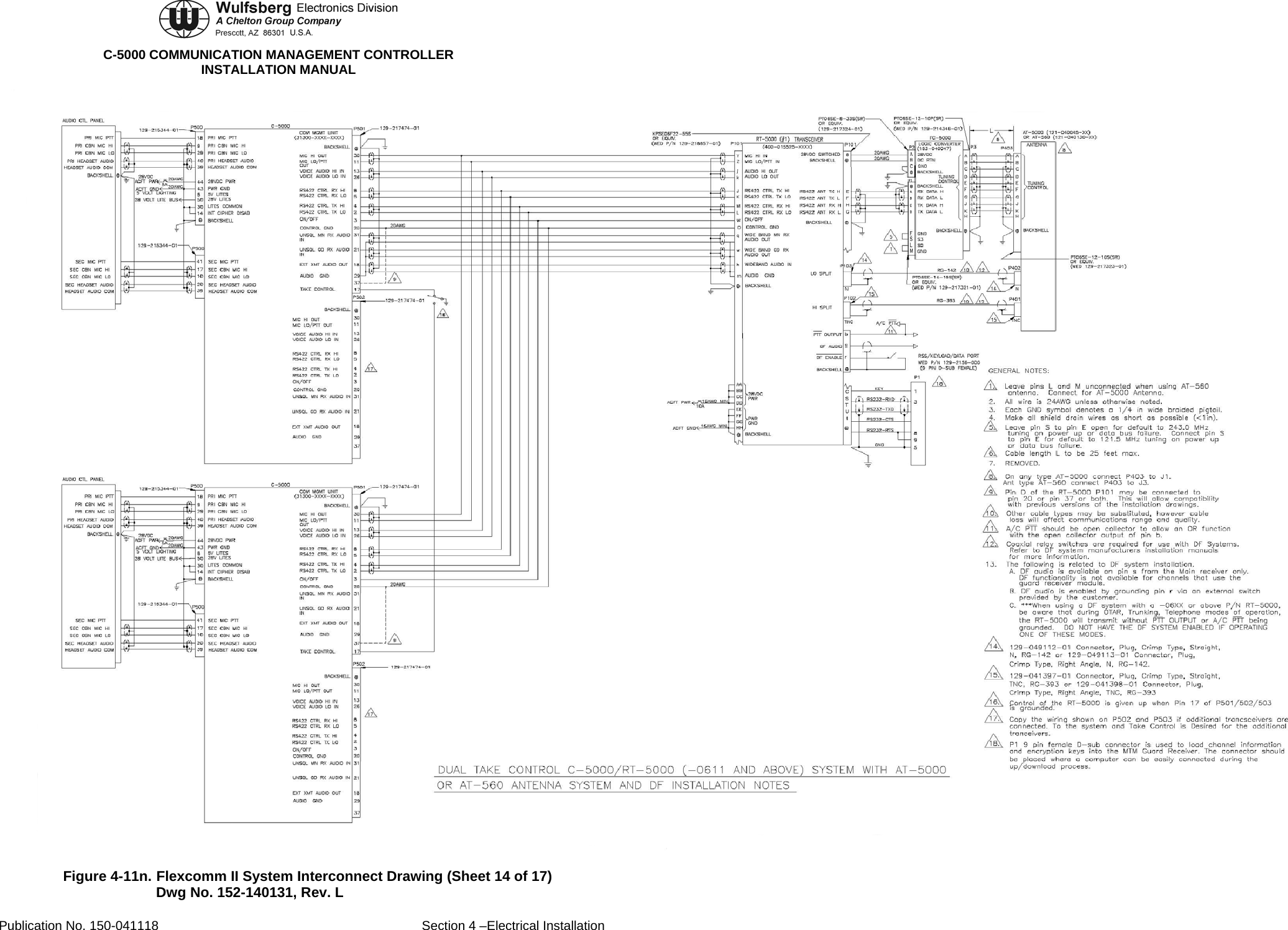  C-5000 COMMUNICATION MANAGEMENT CONTROLLER INSTALLATION MANUAL  Figure 4-11n. Flexcomm II System Interconnect Drawing (Sheet 14 of 17) Dwg No. 152-140131, Rev. L Publication No. 150-041118  Section 4 –Electrical Installation 