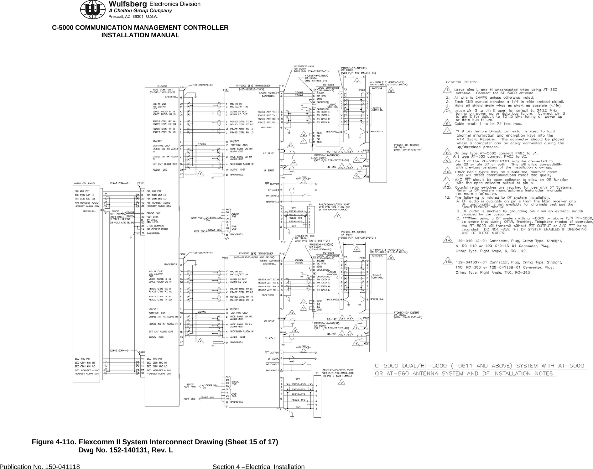  C-5000 COMMUNICATION MANAGEMENT CONTROLLER INSTALLATION MANUAL  Figure 4-11o. Flexcomm II System Interconnect Drawing (Sheet 15 of 17) Dwg No. 152-140131, Rev. L Publication No. 150-041118  Section 4 –Electrical Installation 