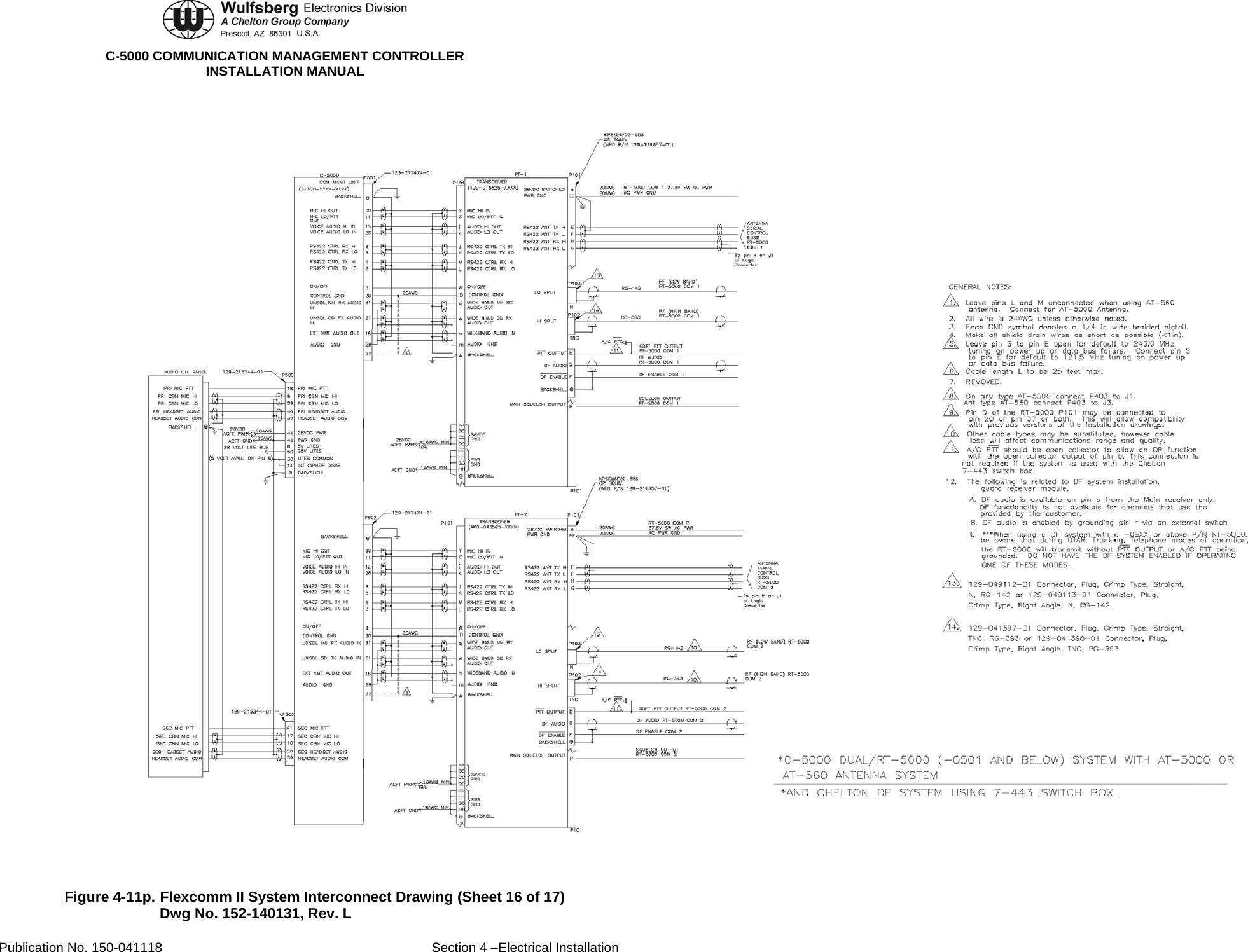  C-5000 COMMUNICATION MANAGEMENT CONTROLLER INSTALLATION MANUAL  Figure 4-11p. Flexcomm II System Interconnect Drawing (Sheet 16 of 17) Dwg No. 152-140131, Rev. L Publication No. 150-041118  Section 4 –Electrical Installation 