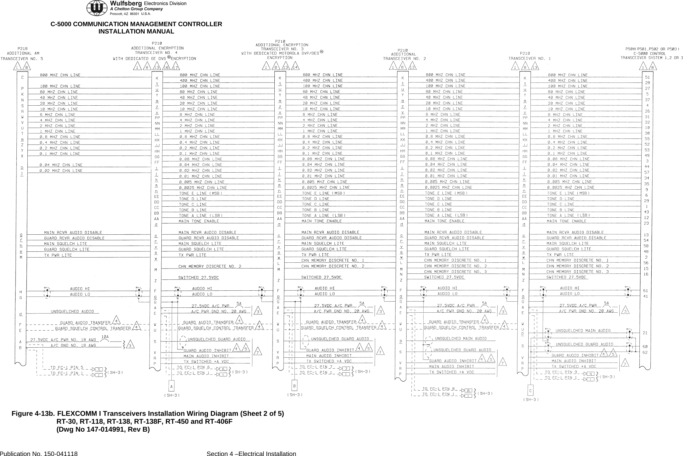  C-5000 COMMUNICATION MANAGEMENT CONTROLLER INSTALLATION MANUAL  Figure 4-13b. FLEXCOMM I Transceivers Installation Wiring Diagram (Sheet 2 of 5) RT-30, RT-118, RT-138, RT-138F, RT-450 and RT-406F (Dwg No 147-014991, Rev B) Publication No. 150-041118  Section 4 –Electrical Installation 