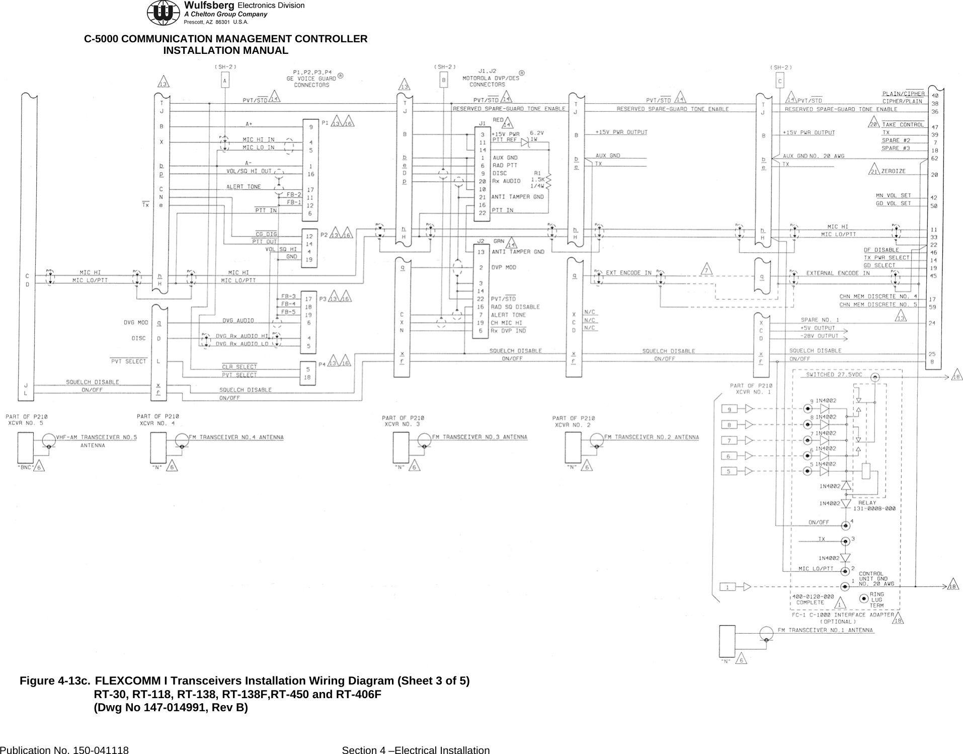  C-5000 COMMUNICATION MANAGEMENT CONTROLLER INSTALLATION MANUAL  Figure 4-13c. FLEXCOMM I Transceivers Installation Wiring Diagram (Sheet 3 of 5) RT-30, RT-118, RT-138, RT-138F,RT-450 and RT-406F (Dwg No 147-014991, Rev B) Publication No. 150-041118  Section 4 –Electrical Installation 