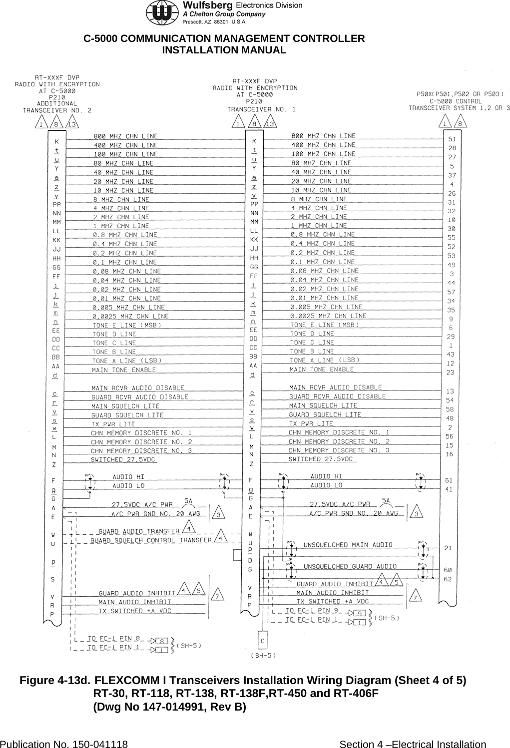  C-5000 COMMUNICATION MANAGEMENT CONTROLLER INSTALLATION MANUAL  Figure 4-13d. FLEXCOMM I Transceivers Installation Wiring Diagram (Sheet 4 of 5) RT-30, RT-118, RT-138, RT-138F,RT-450 and RT-406F (Dwg No 147-014991, Rev B) Publication No. 150-041118  Section 4 –Electrical Installation 