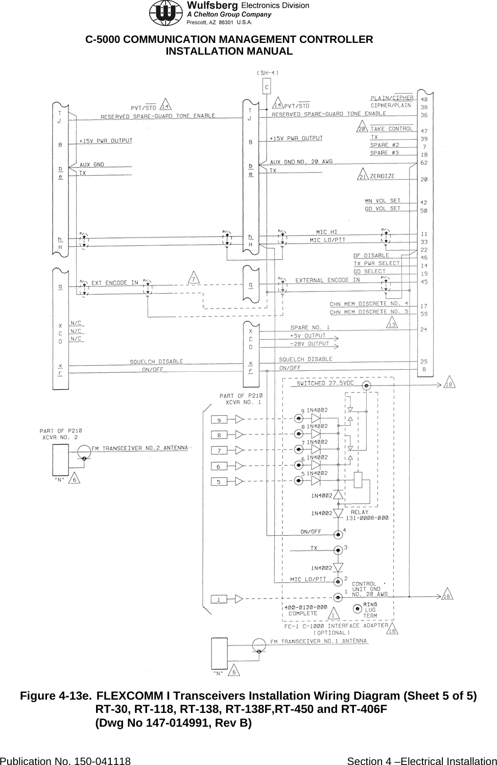  C-5000 COMMUNICATION MANAGEMENT CONTROLLER INSTALLATION MANUAL  Figure 4-13e. FLEXCOMM I Transceivers Installation Wiring Diagram (Sheet 5 of 5) RT-30, RT-118, RT-138, RT-138F,RT-450 and RT-406F (Dwg No 147-014991, Rev B) Publication No. 150-041118  Section 4 –Electrical Installation 