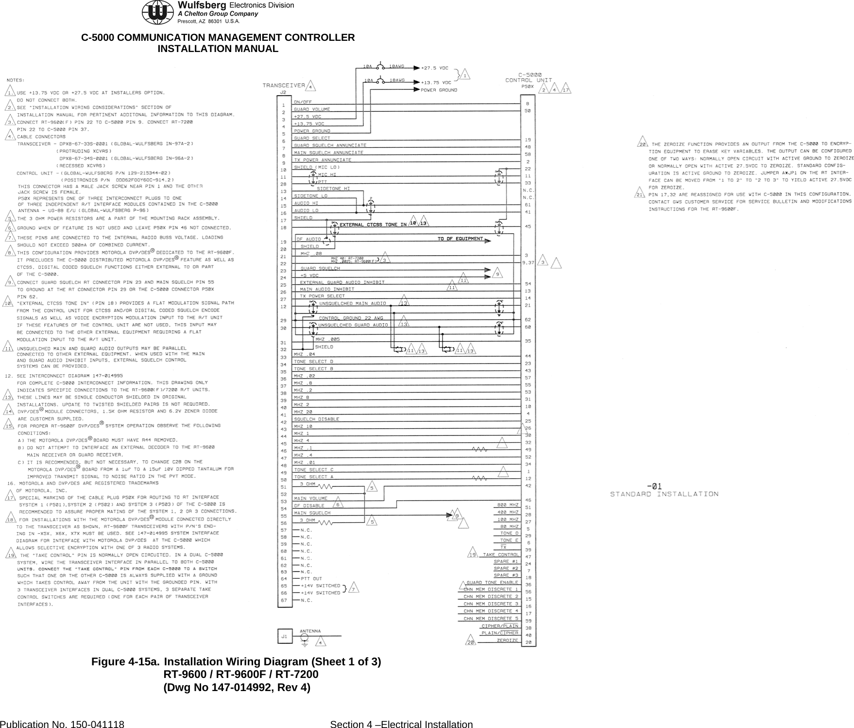  C-5000 COMMUNICATION MANAGEMENT CONTROLLER INSTALLATION MANUAL  Figure 4-15a. Installation Wiring Diagram (Sheet 1 of 3) RT-9600 / RT-9600F / RT-7200 (Dwg No 147-014992, Rev 4) Publication No. 150-041118  Section 4 –Electrical Installation 