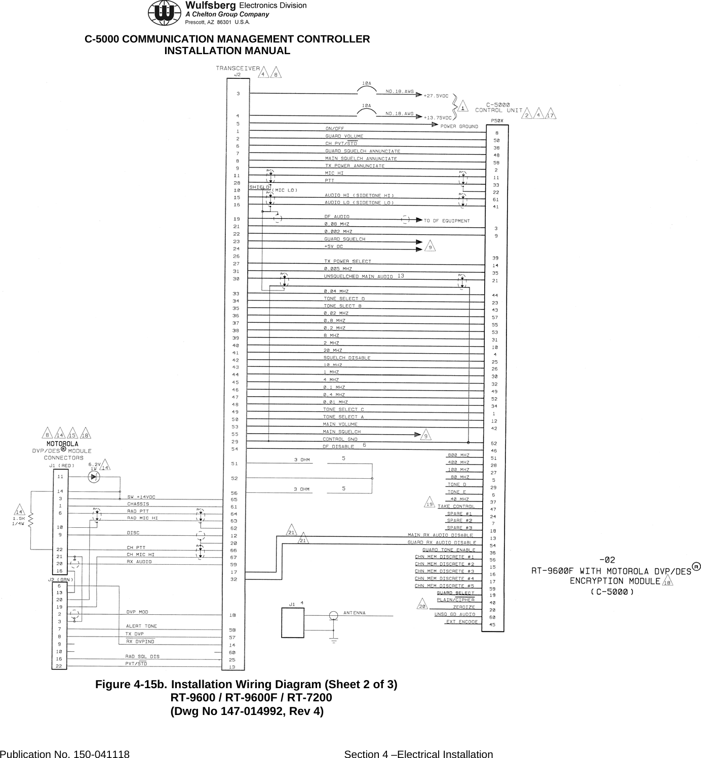  C-5000 COMMUNICATION MANAGEMENT CONTROLLER INSTALLATION MANUAL  Figure 4-15b. Installation Wiring Diagram (Sheet 2 of 3) RT-9600 / RT-9600F / RT-7200 (Dwg No 147-014992, Rev 4) Publication No. 150-041118  Section 4 –Electrical Installation 