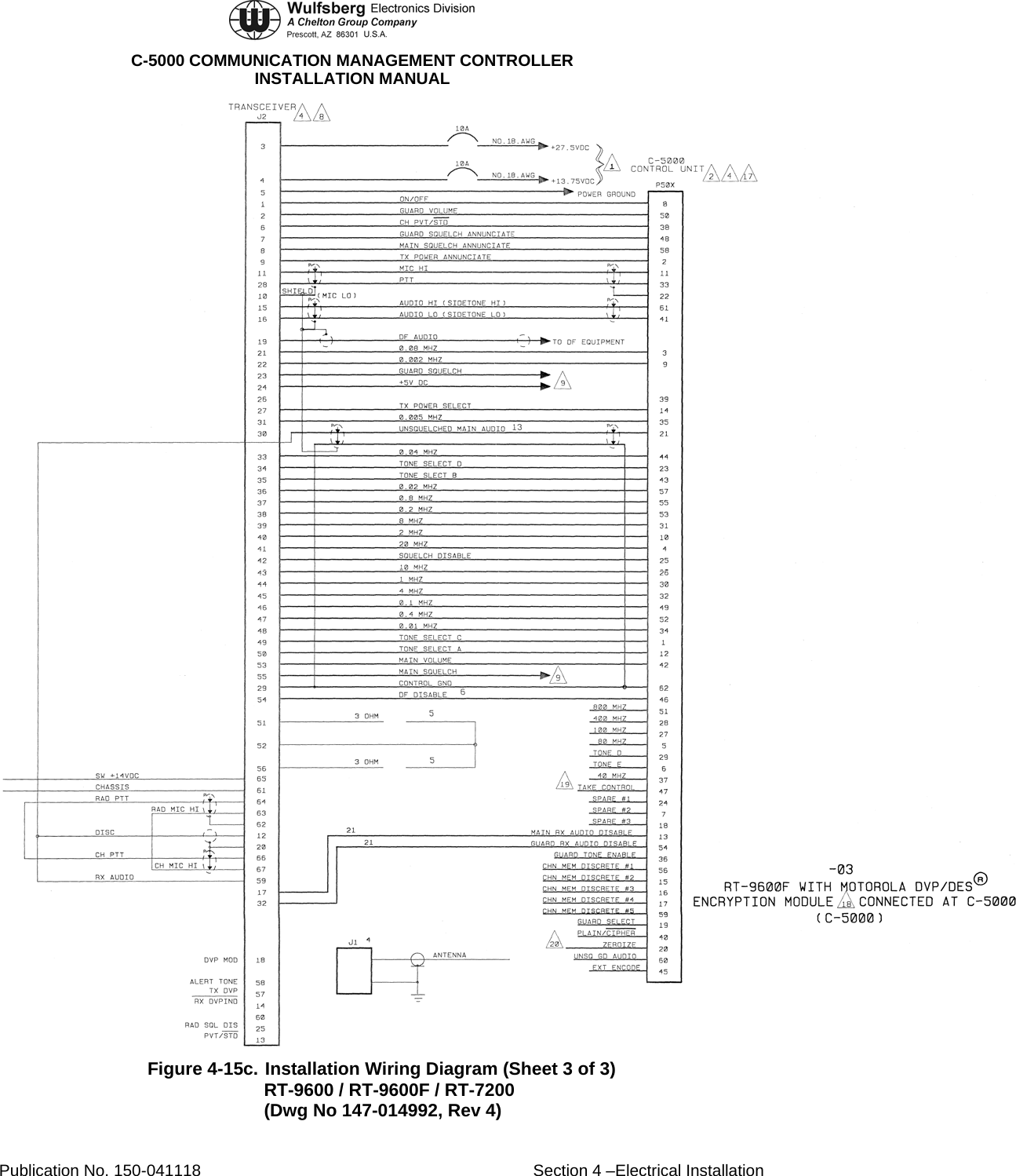  C-5000 COMMUNICATION MANAGEMENT CONTROLLER INSTALLATION MANUAL  Figure 4-15c. Installation Wiring Diagram (Sheet 3 of 3) RT-9600 / RT-9600F / RT-7200 (Dwg No 147-014992, Rev 4) Publication No. 150-041118  Section 4 –Electrical Installation 