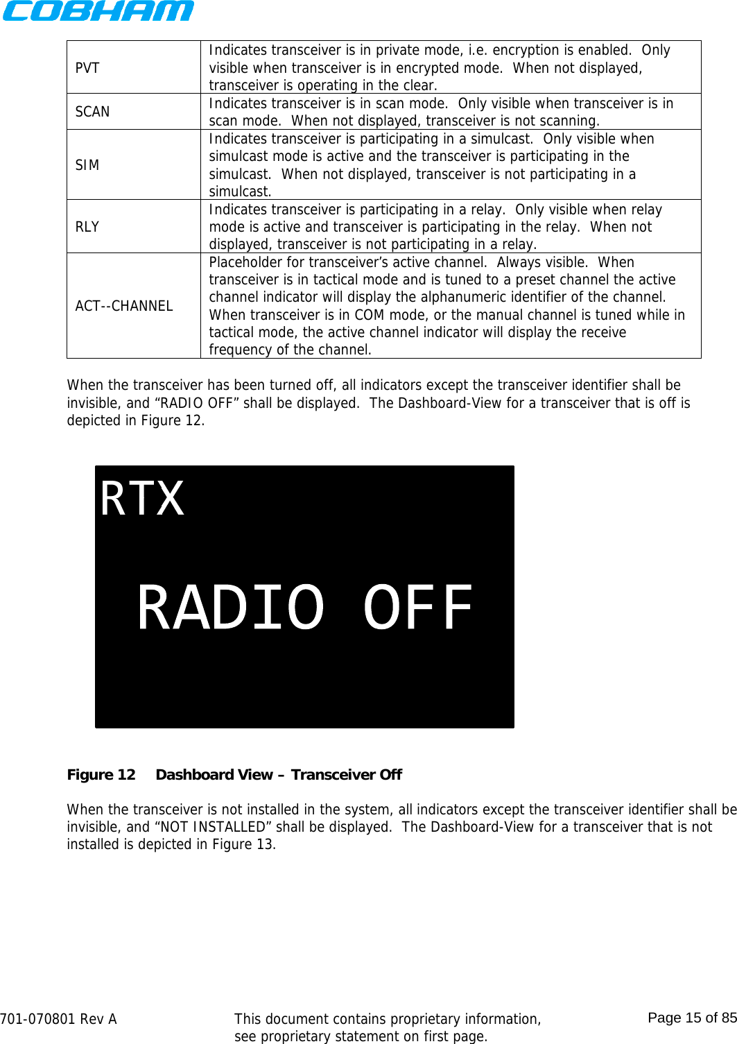    701-070801 Rev A   This document contains proprietary information, see proprietary statement on first page.  Page 15 of 85  PVT  Indicates transceiver is in private mode, i.e. encryption is enabled.  Only visible when transceiver is in encrypted mode.  When not displayed, transceiver is operating in the clear. SCAN  Indicates transceiver is in scan mode.  Only visible when transceiver is in scan mode.  When not displayed, transceiver is not scanning. SIM Indicates transceiver is participating in a simulcast.  Only visible when simulcast mode is active and the transceiver is participating in the simulcast.  When not displayed, transceiver is not participating in a simulcast. RLY  Indicates transceiver is participating in a relay.  Only visible when relay mode is active and transceiver is participating in the relay.  When not displayed, transceiver is not participating in a relay. ACT--CHANNEL Placeholder for transceiver’s active channel.  Always visible.  When transceiver is in tactical mode and is tuned to a preset channel the active channel indicator will display the alphanumeric identifier of the channel.  When transceiver is in COM mode, or the manual channel is tuned while in tactical mode, the active channel indicator will display the receive frequency of the channel.  When the transceiver has been turned off, all indicators except the transceiver identifier shall be invisible, and “RADIO OFF” shall be displayed.  The Dashboard-View for a transceiver that is off is depicted in Figure 12.  Figure 12  Dashboard View – Transceiver Off  When the transceiver is not installed in the system, all indicators except the transceiver identifier shall be invisible, and “NOT INSTALLED” shall be displayed.  The Dashboard-View for a transceiver that is not installed is depicted in Figure 13. 