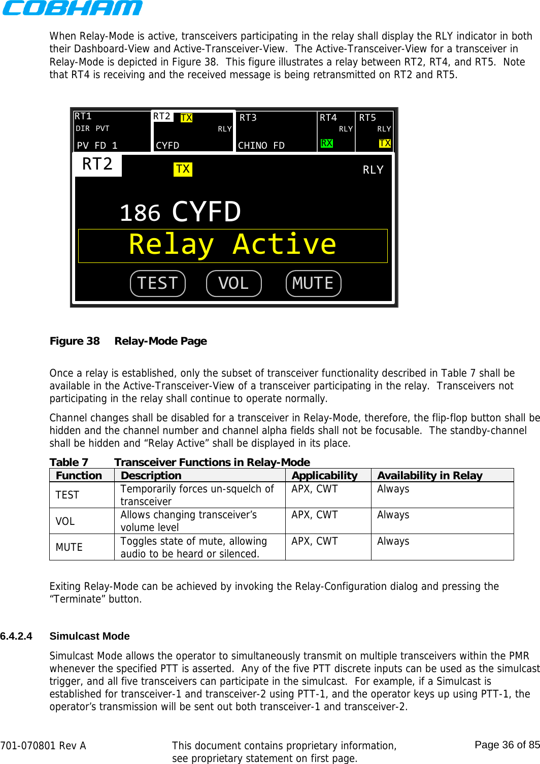    701-070801 Rev A   This document contains proprietary information, see proprietary statement on first page.  Page 36 of 85  When Relay-Mode is active, transceivers participating in the relay shall display the RLY indicator in both their Dashboard-View and Active-Transceiver-View.  The Active-Transceiver-View for a transceiver in Relay-Mode is depicted in Figure 38.  This figure illustrates a relay between RT2, RT4, and RT5.  Note that RT4 is receiving and the received message is being retransmitted on RT2 and RT5. CYFDRT2CHINO FDRT3RT2186 CYFDTXDIR PVTRT4 RT5RT1PV FD 1RLY RLYRXTXTXRLYRLYRelay ActiveTEST VOL MUTE Figure 38  Relay-Mode Page  Once a relay is established, only the subset of transceiver functionality described in Table 7 shall be available in the Active-Transceiver-View of a transceiver participating in the relay.  Transceivers not participating in the relay shall continue to operate normally. Channel changes shall be disabled for a transceiver in Relay-Mode, therefore, the flip-flop button shall be hidden and the channel number and channel alpha fields shall not be focusable.  The standby-channel shall be hidden and “Relay Active” shall be displayed in its place. Table 7  Transceiver Functions in Relay-Mode Function  Description  Applicability  Availability in Relay TEST  Temporarily forces un-squelch of transceiver  APX, CWT  Always VOL  Allows changing transceiver’s volume level  APX, CWT  Always MUTE  Toggles state of mute, allowing audio to be heard or silenced.  APX, CWT  Always  Exiting Relay-Mode can be achieved by invoking the Relay-Configuration dialog and pressing the “Terminate” button.  6.4.2.4 Simulcast Mode Simulcast Mode allows the operator to simultaneously transmit on multiple transceivers within the PMR whenever the specified PTT is asserted.  Any of the five PTT discrete inputs can be used as the simulcast trigger, and all five transceivers can participate in the simulcast.  For example, if a Simulcast is established for transceiver-1 and transceiver-2 using PTT-1, and the operator keys up using PTT-1, the operator’s transmission will be sent out both transceiver-1 and transceiver-2. 