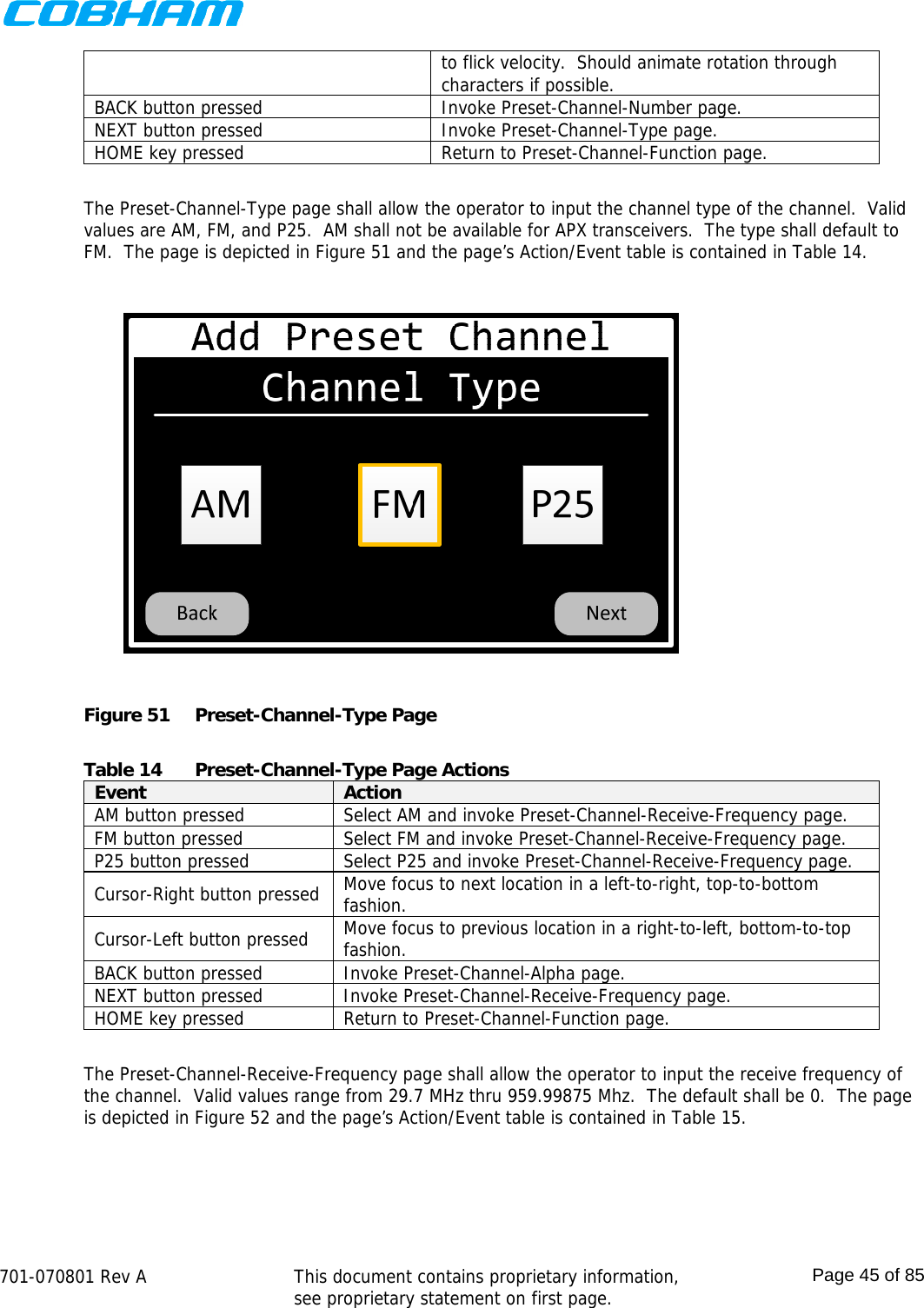    701-070801 Rev A   This document contains proprietary information, see proprietary statement on first page.  Page 45 of 85  to flick velocity.  Should animate rotation through characters if possible. BACK button pressed  Invoke Preset-Channel-Number page. NEXT button pressed  Invoke Preset-Channel-Type page. HOME key pressed  Return to Preset-Channel-Function page.  The Preset-Channel-Type page shall allow the operator to input the channel type of the channel.  Valid values are AM, FM, and P25.  AM shall not be available for APX transceivers.  The type shall default to FM.  The page is depicted in Figure 51 and the page’s Action/Event table is contained in Table 14.  Figure 51  Preset-Channel-Type Page  Table 14  Preset-Channel-Type Page Actions Event  Action AM button pressed  Select AM and invoke Preset-Channel-Receive-Frequency page. FM button pressed  Select FM and invoke Preset-Channel-Receive-Frequency page. P25 button pressed  Select P25 and invoke Preset-Channel-Receive-Frequency page. Cursor-Right button pressed  Move focus to next location in a left-to-right, top-to-bottom fashion. Cursor-Left button pressed  Move focus to previous location in a right-to-left, bottom-to-top fashion. BACK button pressed  Invoke Preset-Channel-Alpha page. NEXT button pressed  Invoke Preset-Channel-Receive-Frequency page. HOME key pressed  Return to Preset-Channel-Function page.  The Preset-Channel-Receive-Frequency page shall allow the operator to input the receive frequency of the channel.  Valid values range from 29.7 MHz thru 959.99875 Mhz.  The default shall be 0.  The page is depicted in Figure 52 and the page’s Action/Event table is contained in Table 15. 
