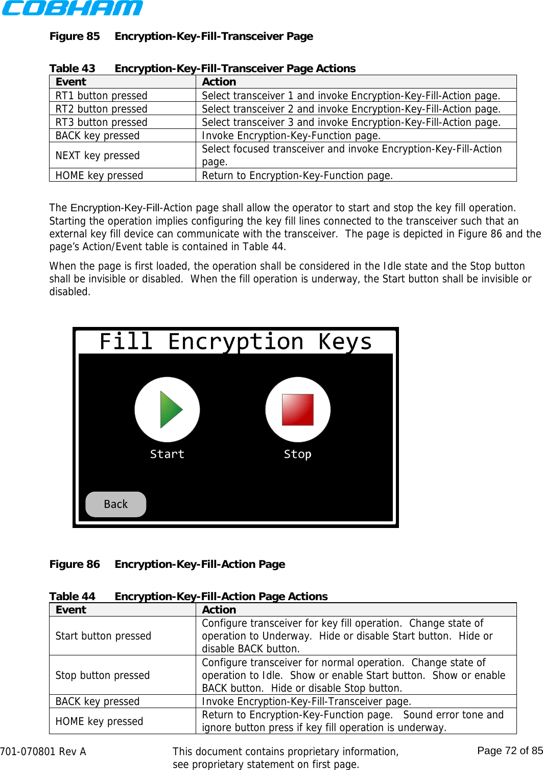    701-070801 Rev A   This document contains proprietary information, see proprietary statement on first page.  Page 72 of 85  Figure 85  Encryption-Key-Fill-Transceiver Page  Table 43  Encryption-Key-Fill-Transceiver Page Actions Event  Action RT1 button pressed  Select transceiver 1 and invoke Encryption-Key-Fill-Action page. RT2 button pressed  Select transceiver 2 and invoke Encryption-Key-Fill-Action page. RT3 button pressed  Select transceiver 3 and invoke Encryption-Key-Fill-Action page. BACK key pressed  Invoke Encryption-Key-Function page. NEXT key pressed  Select focused transceiver and invoke Encryption-Key-Fill-Action page. HOME key pressed  Return to Encryption-Key-Function page.  The Encryption-Key-Fill-Action page shall allow the operator to start and stop the key fill operation.  Starting the operation implies configuring the key fill lines connected to the transceiver such that an external key fill device can communicate with the transceiver.  The page is depicted in Figure 86 and the page’s Action/Event table is contained in Table 44. When the page is first loaded, the operation shall be considered in the Idle state and the Stop button shall be invisible or disabled.  When the fill operation is underway, the Start button shall be invisible or disabled.  Figure 86  Encryption-Key-Fill-Action Page  Table 44  Encryption-Key-Fill-Action Page Actions Event  Action Start button pressed  Configure transceiver for key fill operation.  Change state of operation to Underway.  Hide or disable Start button.  Hide or disable BACK button. Stop button pressed  Configure transceiver for normal operation.  Change state of operation to Idle.  Show or enable Start button.  Show or enable BACK button.  Hide or disable Stop button. BACK key pressed  Invoke Encryption-Key-Fill-Transceiver page. HOME key pressed  Return to Encryption-Key-Function page.   Sound error tone and ignore button press if key fill operation is underway. 