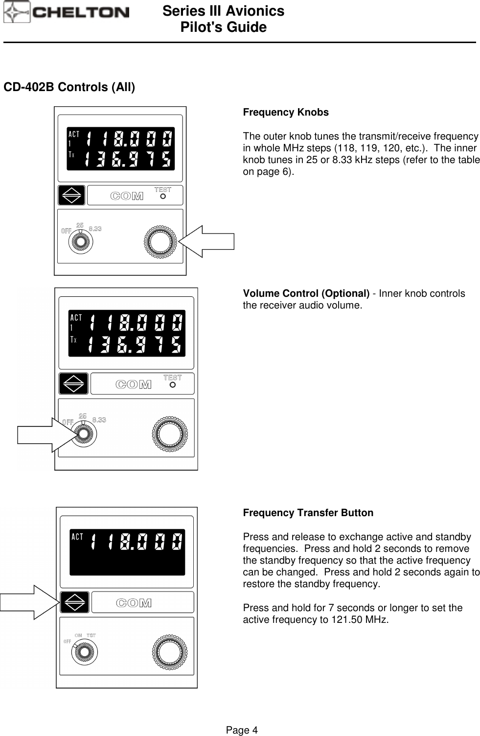 Series III AvionicsPilot&apos;s Guide                                                                                                                                          Page 4CD-402B Controls (All)Frequency KnobsThe outer knob tunes the transmit/receive frequencyin whole MHz steps (118, 119, 120, etc.).  The innerknob tunes in 25 or 8.33 kHz steps (refer to the tableon page 6).Volume Control (Optional) - Inner knob controlsthe receiver audio volume.Frequency Transfer ButtonPress and release to exchange active and standbyfrequencies.  Press and hold 2 seconds to removethe standby frequency so that the active frequencycan be changed.  Press and hold 2 seconds again torestore the standby frequency.Press and hold for 7 seconds or longer to set theactive frequency to 121.50 MHz.