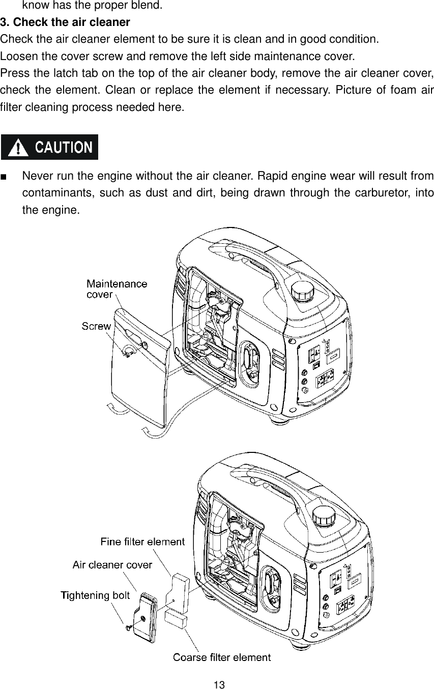 13 know has the proper blend. 3. Check the air cleaner Check the air cleaner element to be sure it is clean and in good condition. Loosen the cover screw and remove the left side maintenance cover. Press the latch tab on the top of the air cleaner body, remove the air cleaner cover, check the element. Clean or replace the element if necessary. Picture of foam air filter cleaning process needed here.   ■  Never run the engine without the air cleaner. Rapid engine wear will result from contaminants, such as dust and dirt, being drawn through the carburetor, into the engine.   