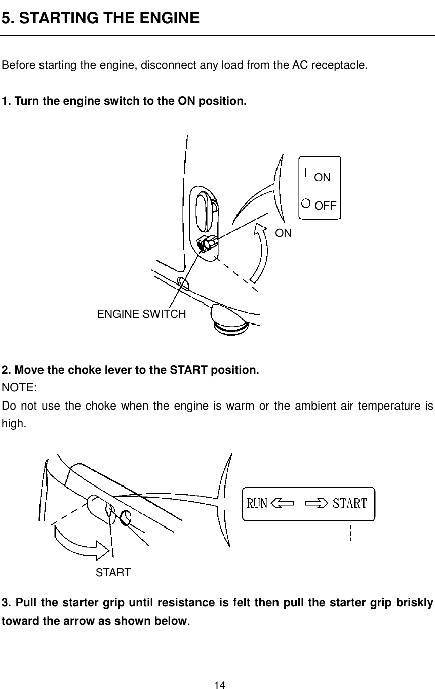 14 5. STARTING THE ENGINE  Before starting the engine, disconnect any load from the AC receptacle.  1. Turn the engine switch to the ON position.               2. Move the choke lever to the START position. NOTE: Do not use the choke when the engine is warm or the ambient air temperature is high.          3. Pull the starter grip until resistance is felt then pull the starter grip briskly toward the arrow as shown below.    CHOKE LEVER START START ON OFF ON ENGINE SWITCH 