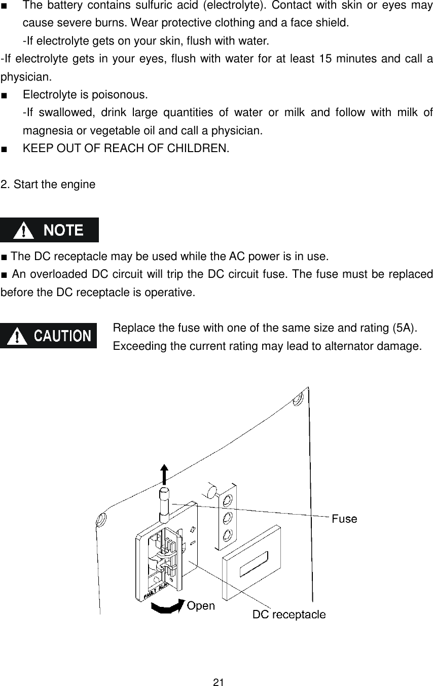 21 ■  The battery contains sulfuric acid (electrolyte). Contact with skin or eyes may cause severe burns. Wear protective clothing and a face shield.   -If electrolyte gets on your skin, flush with water. -If electrolyte gets in your eyes, flush with water for at least 15 minutes and call a physician. ■  Electrolyte is poisonous. -If  swallowed,  drink  large  quantities  of  water  or  milk  and  follow  with  milk  of magnesia or vegetable oil and call a physician. ■  KEEP OUT OF REACH OF CHILDREN.  2. Start the engine    ■ The DC receptacle may be used while the AC power is in use. ■ An overloaded DC circuit will trip the DC circuit fuse. The fuse must be replaced before the DC receptacle is operative.    Replace the fuse with one of the same size and rating (5A). Exceeding the current rating may lead to alternator damage.      
