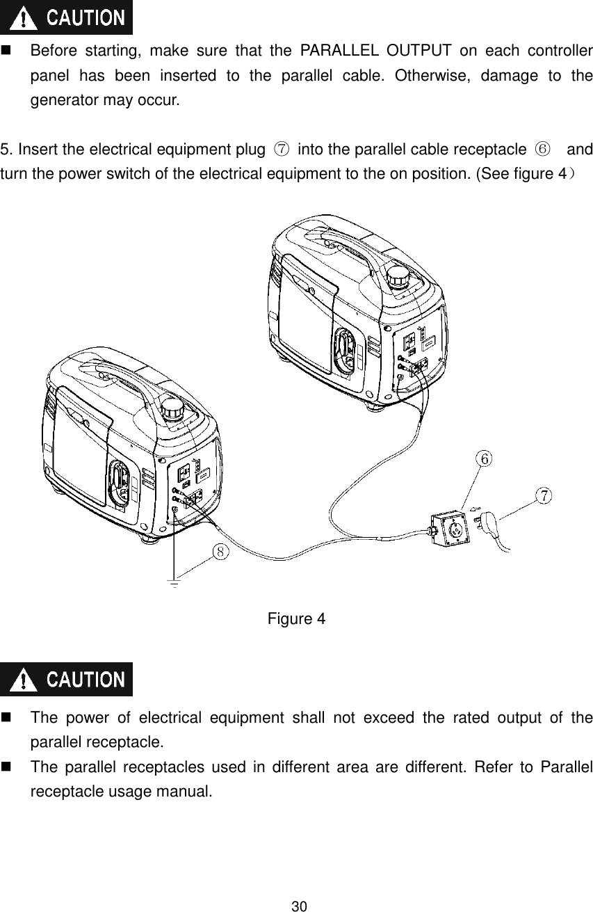 30      Before  starting,  make  sure  that  the  PARALLEL  OUTPUT  on  each  controller panel  has  been  inserted  to  the  parallel  cable.  Otherwise,  damage  to  the generator may occur.  5. Insert the electrical equipment plug    into the parallel cable receptacle      and turn the power switch of the electrical equipment to the on position. (See figure 4   Figure 4      The  power  of  electrical  equipment  shall  not  exceed  the  rated  output  of  the parallel receptacle.   The  parallel receptacles  used in different area are  different. Refer  to  Parallel receptacle usage manual.    