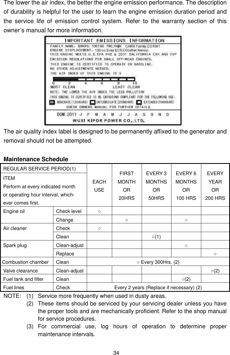 34 The lower the air index, the better the engine emission performance. The description of durability is helpful for the user to learn the engine emission duration period and the  service  life  of  emission  control  system.  Refer  to  the  warranty  section  of  this owner’s manual for more information.       The air quality index label is designed to be permanently affixed to the generator and removal should not be attempted.    Maintenance Schedule REGULAR SERVICE PERIOD(1) EACH USE FIRST MONTH OR 20HRS EVERY 3 MONTHS OR 50HRS EVERY 6 MONTHS OR 100 HRS EVERY YEAR OR 200 HRS ITEM Perform at every indicated month or operating hour interval, which- ever comes first. Engine oil  Check level  ○         Change    ○    ○   Air cleaner  Check  ○         Clean      ○(1)     Spark plug  Clean-adjust       ○   Replace          ○ Combustion chamber Clean  ○ Every 300Hrs. (2) Valve clearance  Clean-adjust         ○(2) Fuel tank and filter  Clean        ○(2)   Fuel lines  Check  Every 2 years (Replace if necessary) (2) NOTE:    (1)  Service more frequently when used in dusty areas. (2)  These items should be serviced by your servicing dealer unless you have the proper tools and are mechanically proficient. Refer to the shop manual for service procedures. (3)   For  commercial  use,  log  hours  of  operation  to  determine  proper maintenance intervals. 