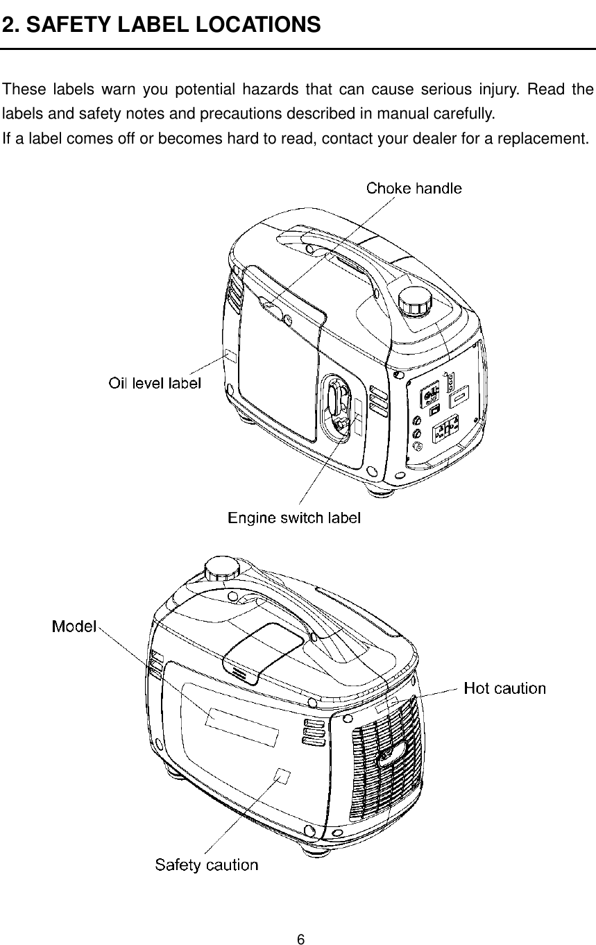 6 2. SAFETY LABEL LOCATIONS  These labels warn you potential  hazards that  can cause serious injury.  Read the labels and safety notes and precautions described in manual carefully. If a label comes off or becomes hard to read, contact your dealer for a replacement.     