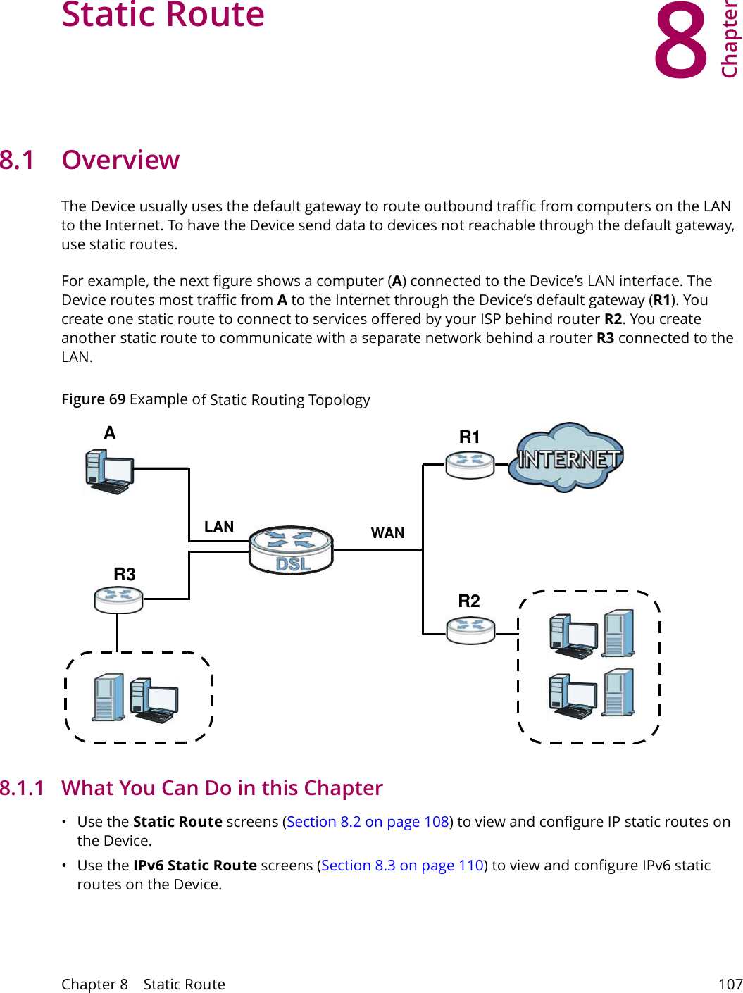 8Chapter Chapter 8    Static Route 107CHAPTER 8 Chapter 8 Static Route8.1  Overview   The Device usually uses the default gateway to route outbound traffic from computers on the LAN to the Internet. To have the Device send data to devices not reachable through the default gateway, use static routes.For example, the next figure shows a computer (A) connected to the Device&rsquo;s LAN interface. The Device routes most traffic from A to the Internet through the Device&rsquo;s default gateway (R1). You create one static route to connect to services offered by your ISP behind router R2. You create another static route to communicate with a separate network behind a router R3 connected to the LAN. Figure 69 Example of Static Routing TopologyWANR1R2AR3LAN8.1.1   What You Can Do in this Chapter&bull;Use the Static Route screens (Section 8.2 on page 108) to view and configure IP static routes on the Device.&bull;Use the IPv6 Static Route screens (Section 8.3 on page 110) to view and configure IPv6 static routes on the Device.