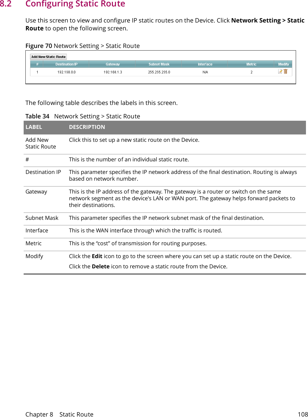Chapter 8    Static Route 1088.2   Configuring Static Route Use this screen to view and configure IP static routes on the Device. Click Network Setting > Static Route to open the following screen. Figure 70 Network Setting > Static RouteThe following table describes the labels in this screen. Table 34   Network Setting > Static Route LABEL DESCRIPTIONAdd New Static RouteClick this to set up a new static route on the Device.#This is the number of an individual static route.Destination IP This parameter specifies the IP network address of the final destination. Routing is always based on network number. Gateway This is the IP address of the gateway. The gateway is a router or switch on the same network segment as the device's LAN or WAN port. The gateway helps forward packets to their destinations.Subnet Mask This parameter specifies the IP network subnet mask of the final destination.Interface This is the WAN interface through which the traffic is routed.Metric This is the &ldquo;cost&rdquo; of transmission for routing purposes. Modify Click the Edit icon to go to the screen where you can set up a static route on the Device.Click the Delete icon to remove a static route from the Device. 