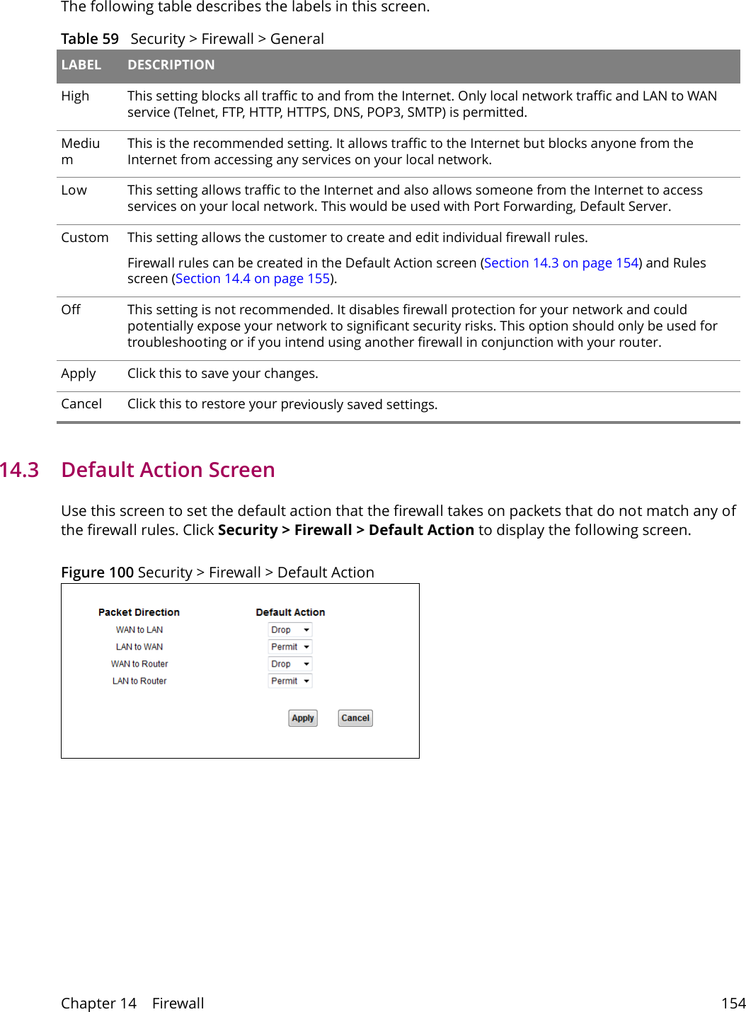 Chapter 14    Firewall 154The following table describes the labels in this screen.Table 59   Security > Firewall > General LABEL DESCRIPTIONHigh This setting blocks all traffic to and from the Internet. Only local network traffic and LAN to WAN service (Telnet, FTP, HTTP, HTTPS, DNS, POP3, SMTP) is permitted. MediumThis is the recommended setting. It allows traffic to the Internet but blocks anyone from the Internet from accessing any services on your local network. Low This setting allows traffic to the Internet and also allows someone from the Internet to access services on your local network. This would be used with Port Forwarding, Default Server. Custom This setting allows the customer to create and edit individual firewall rules. Firewall rules can be created in the Default Action screen (Section 14.3 on page 154) and Rules screen (Section 14.4 on page 155).Off This setting is not recommended. It disables firewall protection for your network and could potentially expose your network to significant security risks. This option should only be used for troubleshooting or if you intend using another firewall in conjunction with your router.Apply Click this to save your changes.Cancel Click this to restore your previously saved settings.14.3   Default Action ScreenUse this screen to set the default action that the firewall takes on packets that do not match any of the firewall rules. Click Security > Firewall > Default Action to display the following screen.Figure 100 Security > Firewall > Default Action 