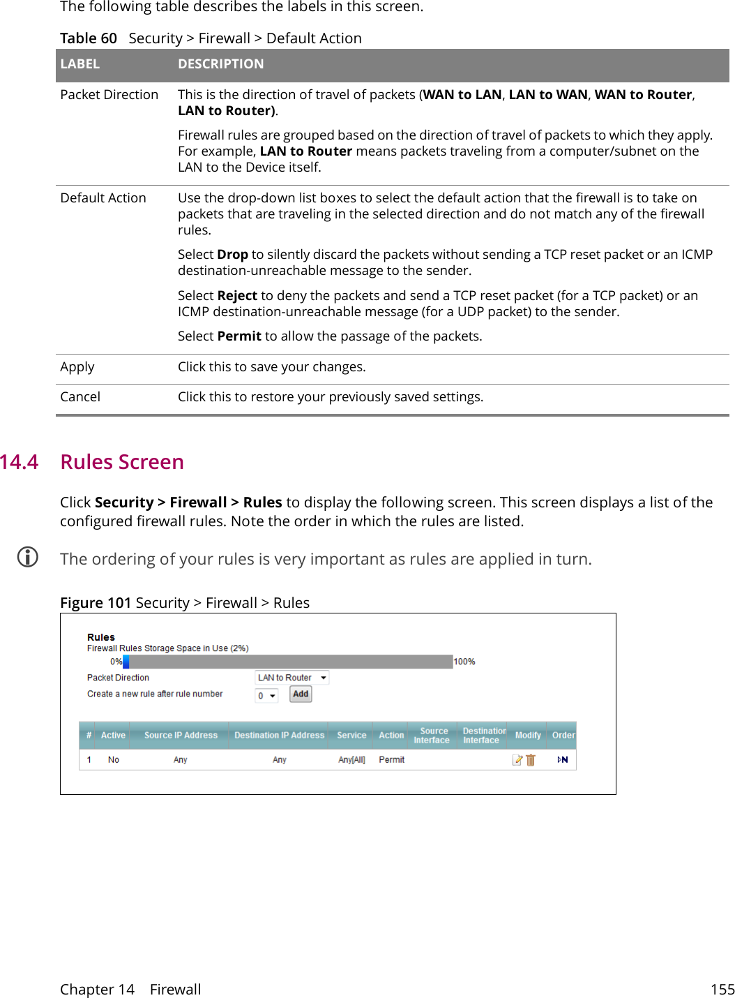 Chapter 14    Firewall 155The following table describes the labels in this screen.Table 60   Security > Firewall > Default Action LABEL DESCRIPTIONPacket Direction This is the direction of travel of packets (WAN to LAN, LAN to WAN, WAN to Router, LAN to Router).Firewall rules are grouped based on the direction of travel of packets to which they apply. For example, LAN to Router means packets traveling from a computer/subnet on the LAN to the Device itself. Default Action Use the drop-down list boxes to select the default action that the firewall is to take on packets that are traveling in the selected direction and do not match any of the firewall rules. Select Drop to silently discard the packets without sending a TCP reset packet or an ICMP destination-unreachable message to the sender.Select Reject to deny the packets and send a TCP reset packet (for a TCP packet) or an ICMP destination-unreachable message (for a UDP packet) to the sender.Select Permit to allow the passage of the packets.Apply Click this to save your changes.Cancel Click this to restore your previously saved settings.14.4   Rules ScreenClick Security > Firewall > Rules to display the following screen. This screen displays a list of the configured firewall rules. Note the order in which the rules are listed. The ordering of your rules is very important as rules are applied in turn.Figure 101 Security > Firewall > Rules 