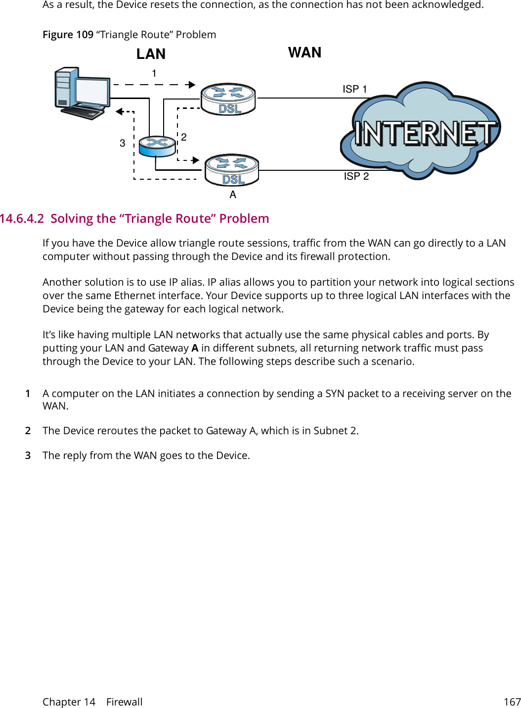 Chapter 14    Firewall 167As a result, the Device resets the connection, as the connection has not been acknowledged.Figure 109 &ldquo;Triangle Route&rdquo; Problem123WANLANAISP 1ISP 214.6.4.2  Solving the &ldquo;Triangle Route&rdquo; ProblemIf you have the Device allow triangle route sessions, traffic from the WAN can go directly to a LAN computer without passing through the Device and its firewall protection. Another solution is to use IP alias. IP alias allows you to partition your network into logical sections over the same Ethernet interface. Your Device supports up to three logical LAN interfaces with the Device being the gateway for each logical network. It&rsquo;s like having multiple LAN networks that actually use the same physical cables and ports. By putting your LAN and Gateway A in different subnets, all returning network traffic must pass through the Device to your LAN. The following steps describe such a scenario.1A computer on the LAN initiates a connection by sending a SYN packet to a receiving server on the WAN. 2The Device reroutes the packet to Gateway A, which is in Subnet 2. 3The reply from the WAN goes to the Device. 