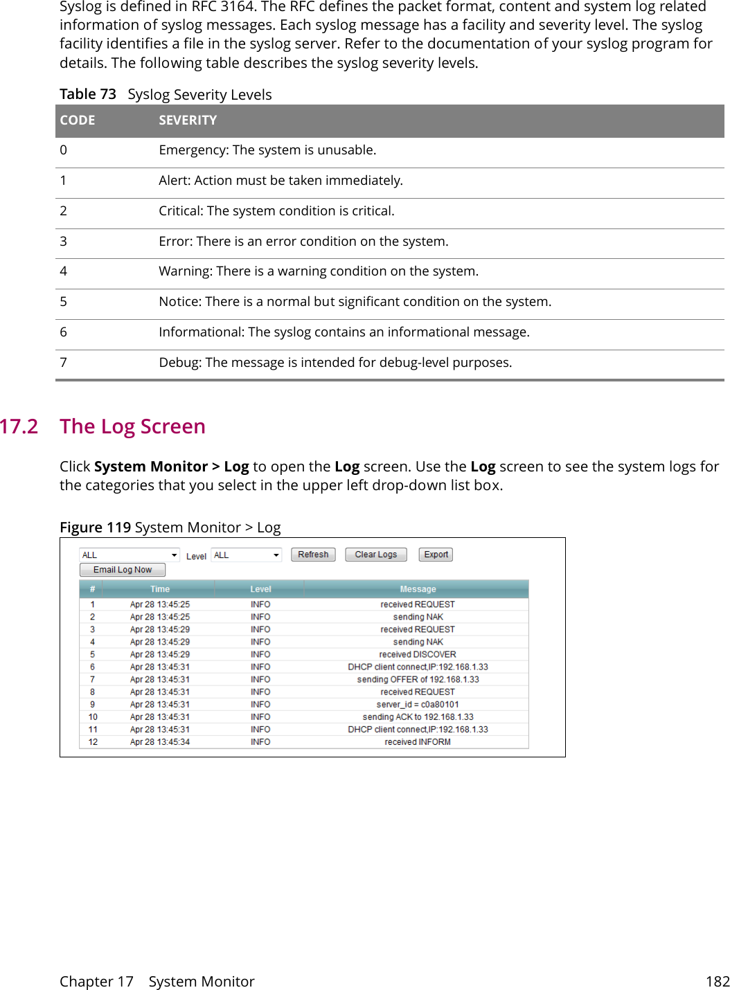 Chapter 17    System Monitor 182Syslog is defined in RFC 3164. The RFC defines the packet format, content and system log related information of syslog messages. Each syslog message has a facility and severity level. The syslog facility identifies a file in the syslog server. Refer to the documentation of your syslog program for details. The following table describes the syslog severity levels. Table 73   Syslog Severity Levels CODE SEVERITY0Emergency: The system is unusable.1Alert: Action must be taken immediately.2Critical: The system condition is critical.3Error: There is an error condition on the system.4Warning: There is a warning condition on the system.5Notice: There is a normal but significant condition on the system.6Informational: The syslog contains an informational message.7Debug: The message is intended for debug-level purposes.17.2   The Log Screen Click System Monitor > Log to open the Log screen. Use the Log screen to see the system logs for the categories that you select in the upper left drop-down list box. Figure 119 System Monitor > Log 
