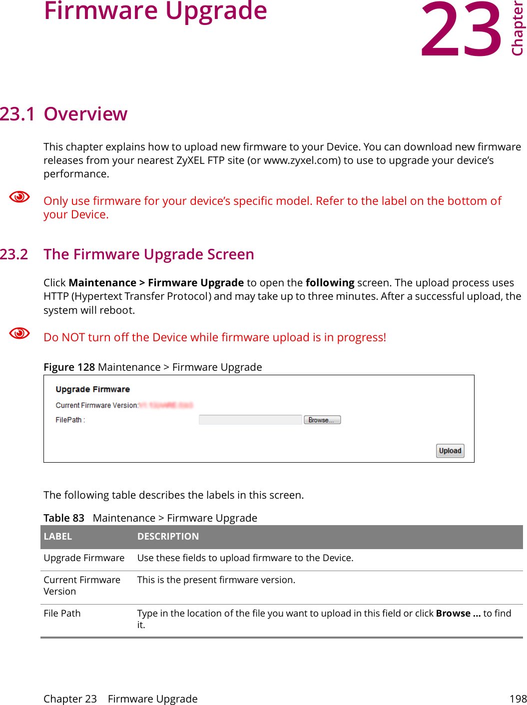 23Chapter Chapter 23    Firmware Upgrade 198CHAPTER 23 Chapter 23 Firmware Upgrade23.1 OverviewThis chapter explains how to upload new firmware to your Device. You can download new firmware releases from your nearest ZyXEL FTP site (or www.zyxel.com) to use to upgrade your device&rsquo;s performance.Only use firmware for your device&rsquo;s specific model. Refer to the label on the bottom of your Device.23.2   The Firmware Upgrade ScreenClick Maintenance > Firmware Upgrade to open the following screen. The upload process uses HTTP (Hypertext Transfer Protocol) and may take up to three minutes. After a successful upload, the system will reboot. Do NOT turn off the Device while firmware upload is in progress!Figure 128 Maintenance > Firmware UpgradeThe following table describes the labels in this screen. Table 83   Maintenance > Firmware Upgrade LABEL DESCRIPTIONUpgrade Firmware Use these fields to upload firmware to the Device.Current Firmware VersionThis is the present firmware version. File Path Type in the location of the file you want to upload in this field or click Browse ... to find it.