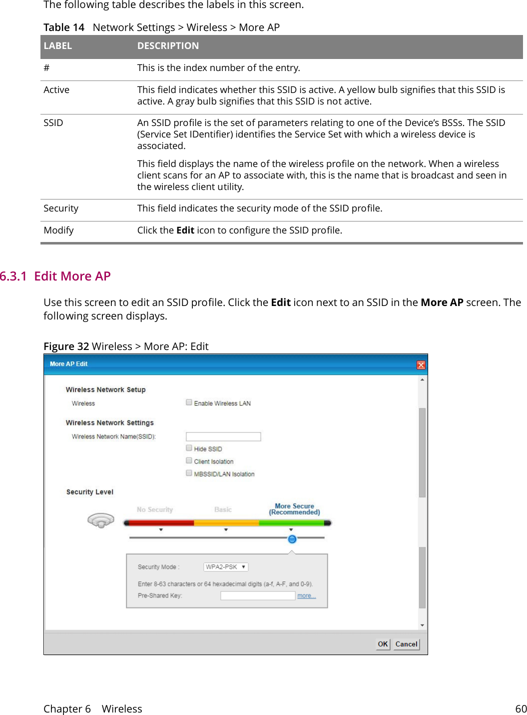 Chapter 6    Wireless 60The following table describes the labels in this screen.Table 14   Network Settings > Wireless > More AP LABEL DESCRIPTION#This is the index number of the entry. Active This field indicates whether this SSID is active. A yellow bulb signifies that this SSID is active. A gray bulb signifies that this SSID is not active.SSID An SSID profile is the set of parameters relating to one of the Device&rsquo;s BSSs. The SSID (Service Set IDentifier) identifies the Service Set with which a wireless device is associated. This field displays the name of the wireless profile on the network. When a wireless client scans for an AP to associate with, this is the name that is broadcast and seen in the wireless client utility.Security This field indicates the security mode of the SSID profile.Modify  Click the Edit icon to configure the SSID profile.6.3.1  Edit More APUse this screen to edit an SSID profile. Click the Edit icon next to an SSID in the More AP screen. The following screen displays.Figure 32 Wireless > More AP: Edit