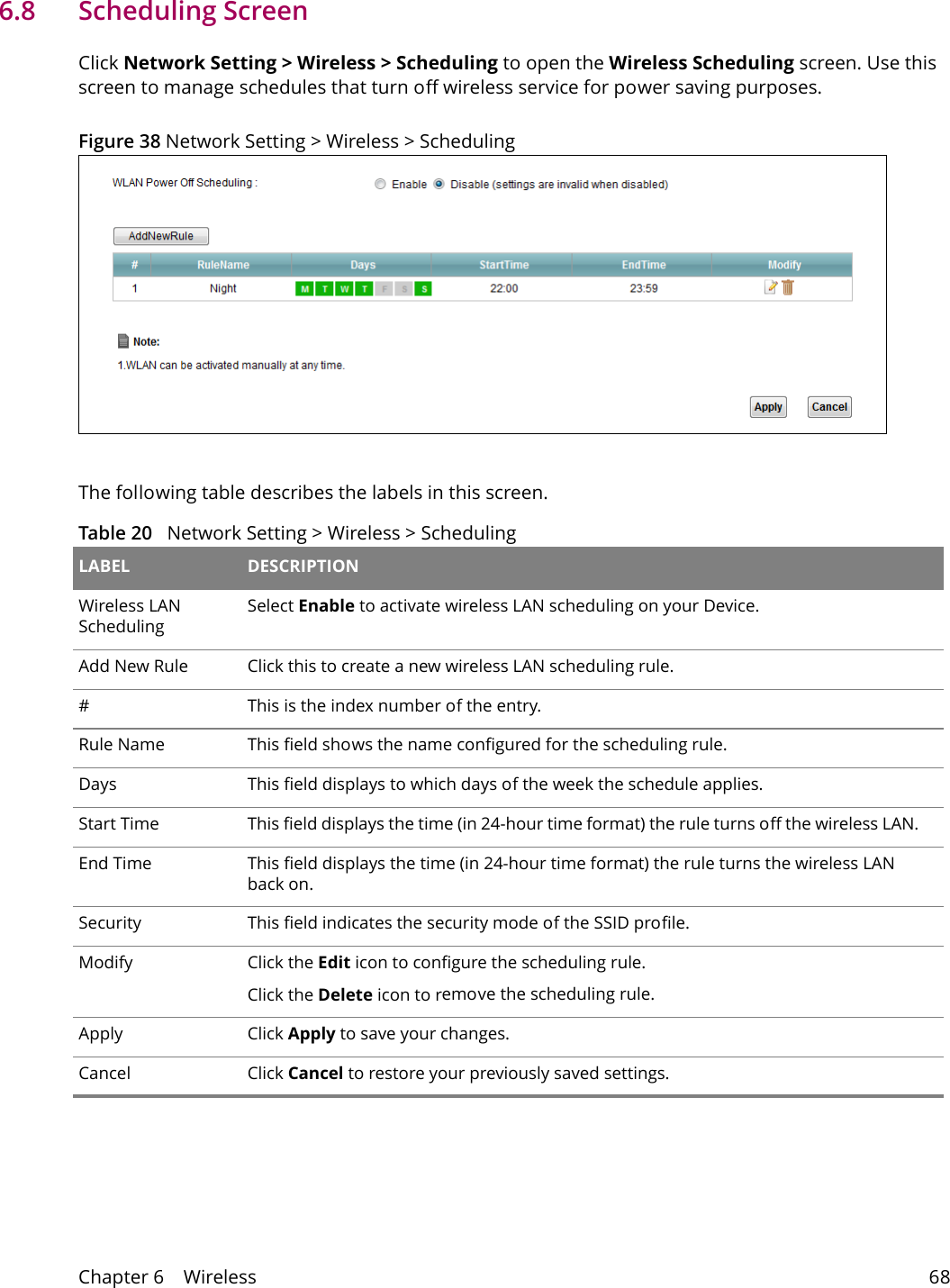 Chapter 6    Wireless 686.8   Scheduling Screen Click Network Setting > Wireless > Scheduling to open the Wireless Scheduling screen. Use this screen to manage schedules that turn off wireless service for power saving purposes. Figure 38 Network Setting > Wireless > SchedulingThe following table describes the labels in this screen.Table 20   Network Setting > Wireless > Scheduling LABEL DESCRIPTIONWireless LAN SchedulingSelect Enable to activate wireless LAN scheduling on your Device.Add New Rule Click this to create a new wireless LAN scheduling rule.#This is the index number of the entry. Rule Name This field shows the name configured for the scheduling rule.Days This field displays to which days of the week the schedule applies.Start Time This field displays the time (in 24-hour time format) the rule turns off the wireless LAN.  End Time This field displays the time (in 24-hour time format) the rule turns the wireless LAN back on.  Security This field indicates the security mode of the SSID profile.Modify  Click the Edit icon to configure the scheduling rule.Click the Delete icon to remove the scheduling rule.Apply Click Apply to save your changes.Cancel Click Cancel to restore your previously saved settings.