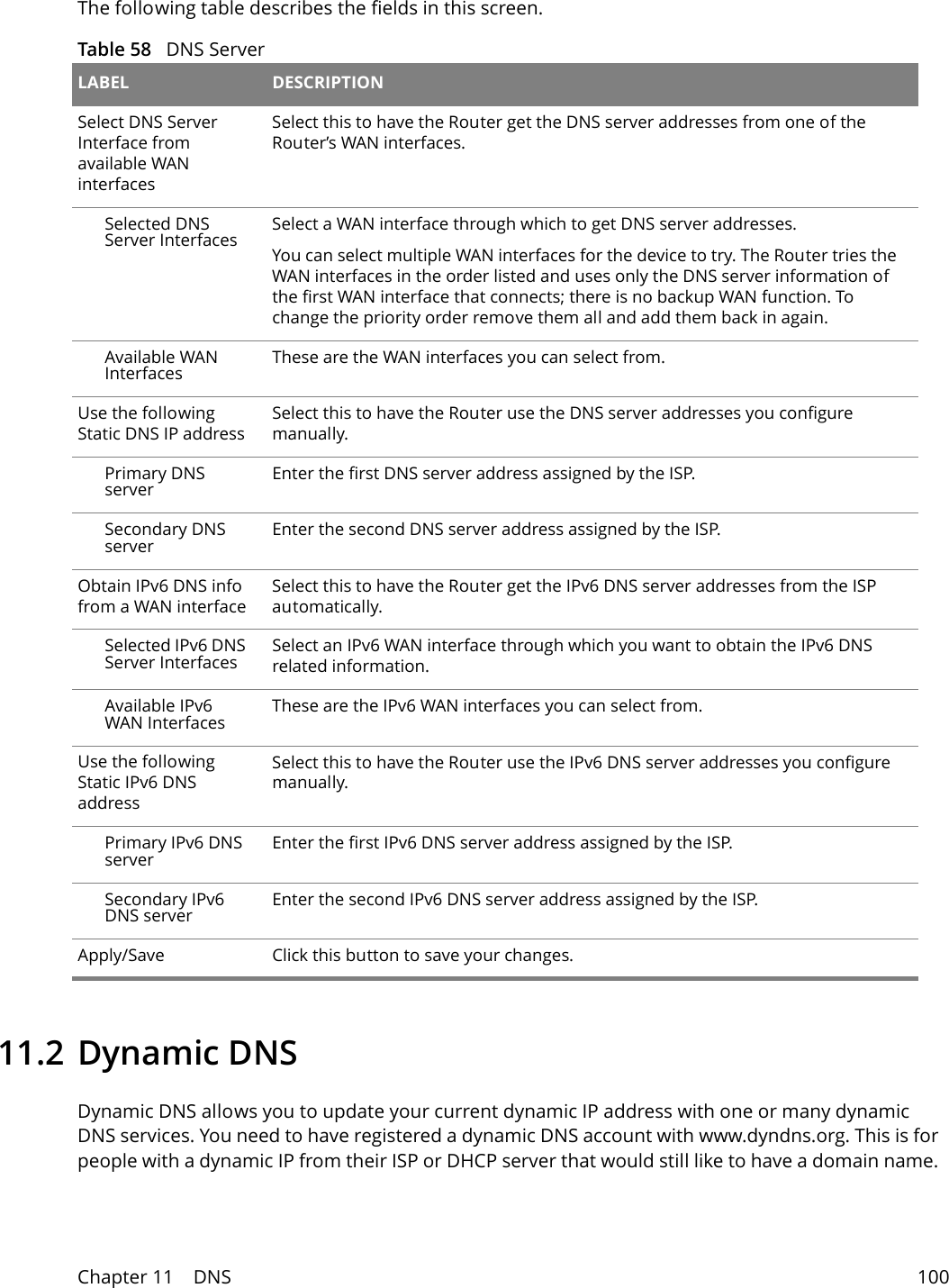 Chapter 11    DNS 100The following table describes the fields in this screen. Table 58   DNS Server LABEL DESCRIPTIONSelect DNS Server Interface from available WAN interfacesSelect this to have the Router get the DNS server addresses from one of the Router&rsquo;s WAN interfaces. Selected DNS Server Interfaces Select a WAN interface through which to get DNS server addresses.You can select multiple WAN interfaces for the device to try. The Router tries the WAN interfaces in the order listed and uses only the DNS server information of the first WAN interface that connects; there is no backup WAN function. To change the priority order remove them all and add them back in again. Available WAN Interfaces These are the WAN interfaces you can select from.Use the following Static DNS IP addressSelect this to have the Router use the DNS server addresses you configure manually.Primary DNS server Enter the first DNS server address assigned by the ISP.Secondary DNS server Enter the second DNS server address assigned by the ISP.Obtain IPv6 DNS info from a WAN interfaceSelect this to have the Router get the IPv6 DNS server addresses from the ISP automatically.Selected IPv6 DNS Server Interfaces  Select an IPv6 WAN interface through which you want to obtain the IPv6 DNS related information.Available IPv6 WAN Interfaces These are the IPv6 WAN interfaces you can select from.Use the following Static IPv6 DNS addressSelect this to have the Router use the IPv6 DNS server addresses you configure manually.Primary IPv6 DNS server Enter the first IPv6 DNS server address assigned by the ISP.Secondary IPv6 DNS server Enter the second IPv6 DNS server address assigned by the ISP.Apply/Save Click this button to save your changes.11.2 Dynamic DNSDynamic DNS allows you to update your current dynamic IP address with one or many dynamic DNS services. You need to have registered a dynamic DNS account with www.dyndns.org. This is for people with a dynamic IP from their ISP or DHCP server that would still like to have a domain name. 