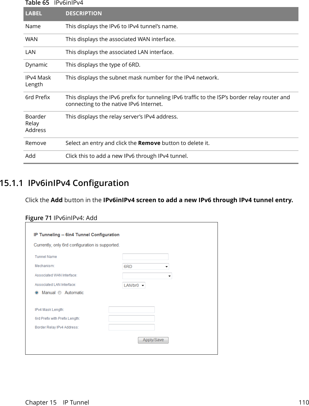 Chapter 15    IP Tunnel 110 Table 65   IPv6inIPv4 LABEL DESCRIPTIONName This displays the IPv6 to IPv4 tunnel&rsquo;s name.WAN This displays the associated WAN interface.LAN This displays the associated LAN interface.Dynamic This displays the type of 6RD.IPv4 Mask LengthThis displays the subnet mask number for the IPv4 network.6rd Prefix This displays the IPv6 prefix for tunneling IPv6 traffic to the ISP&rsquo;s border relay router and connecting to the native IPv6 Internet.Boarder Relay AddressThis displays the relay server&rsquo;s IPv4 address.Remove Select an entry and click the Remove button to delete it.Add Click this to add a new IPv6 through IPv4 tunnel.15.1.1  IPv6inIPv4 ConfigurationClick the Add button in the IPv6inIPv4 screen to add a new IPv6 through IPv4 tunnel entry.Figure 71 IPv6inIPv4: Add