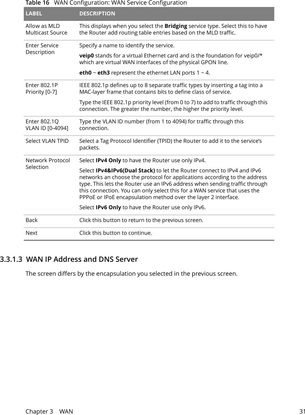 Chapter 3    WAN 313.3.1.3  WAN IP Address and DNS ServerThe screen differs by the encapsulation you selected in the previous screen.Allow as MLD Multicast SourceThis displays when you select the Bridging service type. Select this to have the Router add routing table entries based on the MLD traffic.Enter Service DescriptionSpecify a name to identify the service. veip0 stands for a virtual Ethernet card and is the foundation for veip0/* which are virtual WAN interfaces of the physical GPON line. eth0 ~ eth3 represent the ethernet LAN ports 1 ~ 4. Enter 802.1P Priority [0-7]IEEE 802.1p defines up to 8 separate traffic types by inserting a tag into a MAC-layer frame that contains bits to define class of service. Type the IEEE 802.1p priority level (from 0 to 7) to add to traffic through this connection. The greater the number, the higher the priority level.Enter 802.1Q VLAN ID [0-4094]Type the VLAN ID number (from 1 to 4094) for traffic through this connection.Select VLAN TPID Select a Tag Protocol Identifier (TPID) the Router to add it to the service&rsquo;s packets.Network Protocol SelectionSelect IPv4 Only to have the Router use only IPv4.Select IPv4&amp;IPv6(Dual Stack) to let the Router connect to IPv4 and IPv6 networks an choose the protocol for applications according to the address type. This lets the Router use an IPv6 address when sending traffic through this connection. You can only select this for a WAN service that uses the PPPoE or IPoE encapsulation method over the layer 2 interface.Select IPv6 Only to have the Router use only IPv6.Back Click this button to return to the previous screen.Next Click this button to continue.Table 16   WAN Configuration: WAN Service ConfigurationLABEL DESCRIPTION