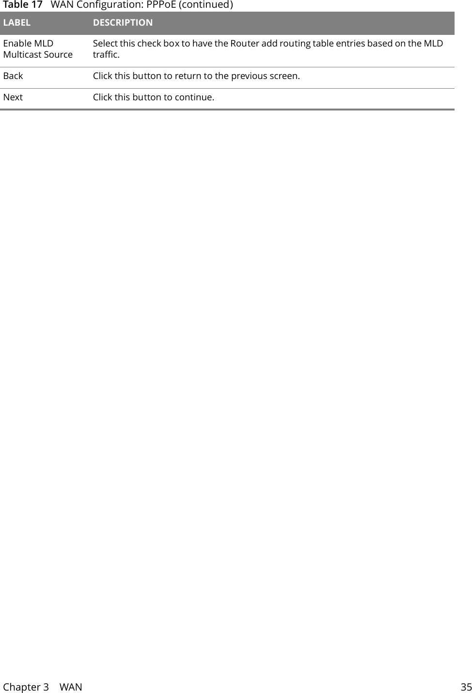 Chapter 3    WAN 35Enable MLD Multicast SourceSelect this check box to have the Router add routing table entries based on the MLD traffic.Back Click this button to return to the previous screen.Next Click this button to continue.Table 17   WAN Configuration: PPPoE (continued)LABEL DESCRIPTION