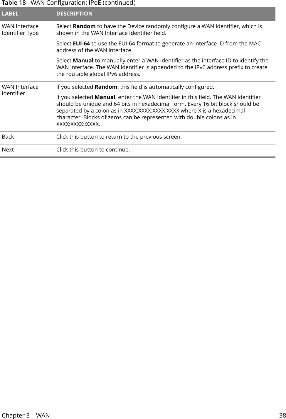 Chapter 3    WAN 38WAN Interface Identifier TypeSelect Random to have the Device randomly configure a WAN Identifier, which is shown in the WAN Interface Identifier field.Select EUI-64 to use the EUI-64 format to generate an interface ID from the MAC address of the WAN interface.Select Manual to manually enter a WAN Identifier as the interface ID to identify the WAN interface. The WAN Identifier is appended to the IPv6 address prefix to create the routable global IPv6 address.WAN Interface IdentifierIf you selected Random, this field is automatically configured.If you selected Manual, enter the WAN Identifier in this field. The WAN identifier should be unique and 64 bits in hexadecimal form. Every 16 bit block should be separated by a colon as in XXXX:XXXX:XXXX:XXXX where X is a hexadecimal character. Blocks of zeros can be represented with double colons as in XXXX:XXXX::XXXX.Back Click this button to return to the previous screen.Next Click this button to continue.Table 18   WAN Configuration: IPoE (continued) LABEL DESCRIPTION