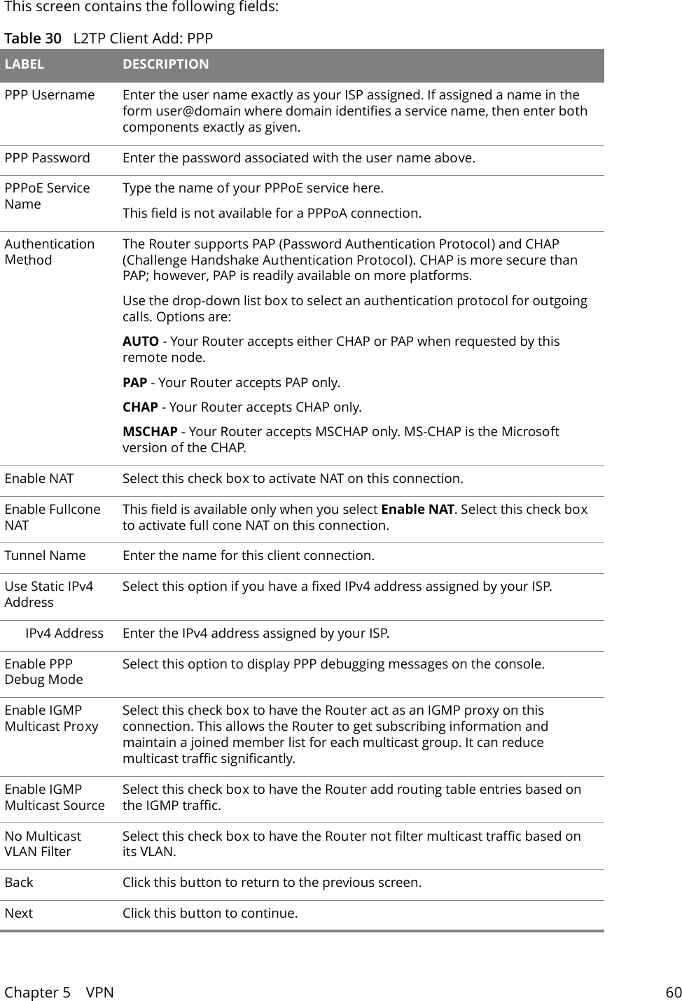 Chapter 5    VPN 60This screen contains the following fields:Table 30   L2TP Client Add: PPP LABEL DESCRIPTIONPPP Username Enter the user name exactly as your ISP assigned. If assigned a name in the form user@domain where domain identifies a service name, then enter both components exactly as given.PPP Password Enter the password associated with the user name above.PPPoE Service NameType the name of your PPPoE service here.This field is not available for a PPPoA connection.Authentication MethodThe Router supports PAP (Password Authentication Protocol) and CHAP (Challenge Handshake Authentication Protocol). CHAP is more secure than PAP; however, PAP is readily available on more platforms.Use the drop-down list box to select an authentication protocol for outgoing calls. Options are:AUTO - Your Router accepts either CHAP or PAP when requested by this remote node. PAP - Your Router accepts PAP only. CHAP - Your Router accepts CHAP only. MSCHAP - Your Router accepts MSCHAP only. MS-CHAP is the Microsoft version of the CHAP.Enable NAT Select this check box to activate NAT on this connection.Enable Fullcone NATThis field is available only when you select Enable NAT. Select this check box to activate full cone NAT on this connection.Tunnel Name Enter the name for this client connection.Use Static IPv4 AddressSelect this option if you have a fixed IPv4 address assigned by your ISP.IPv4 Address Enter the IPv4 address assigned by your ISP.Enable PPP Debug ModeSelect this option to display PPP debugging messages on the console.Enable IGMP Multicast ProxySelect this check box to have the Router act as an IGMP proxy on this connection. This allows the Router to get subscribing information and maintain a joined member list for each multicast group. It can reduce multicast traffic significantly.Enable IGMP Multicast SourceSelect this check box to have the Router add routing table entries based on the IGMP traffic.No Multicast VLAN FilterSelect this check box to have the Router not filter multicast traffic based on its VLAN.Back Click this button to return to the previous screen.Next Click this button to continue.