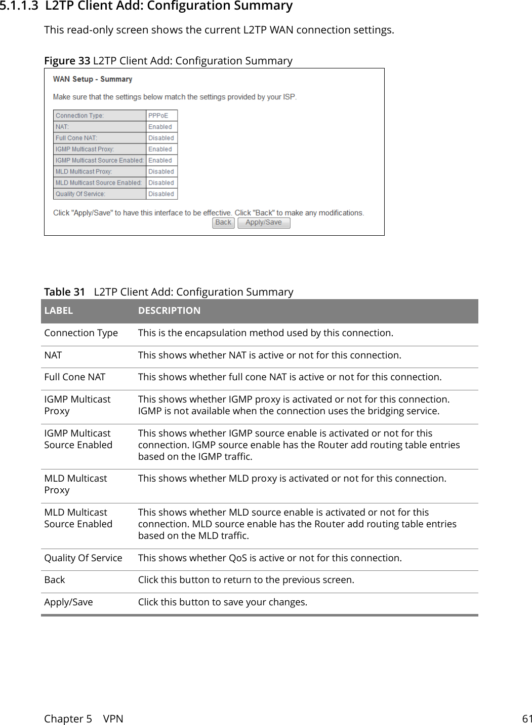 Chapter 5    VPN 615.1.1.3  L2TP Client Add: Configuration SummaryThis read-only screen shows the current L2TP WAN connection settings.Figure 33 L2TP Client Add: Configuration Summary Table 31   L2TP Client Add: Configuration SummaryLABEL DESCRIPTIONConnection Type This is the encapsulation method used by this connection.NAT This shows whether NAT is active or not for this connection.Full Cone NAT This shows whether full cone NAT is active or not for this connection.IGMP Multicast ProxyThis shows whether IGMP proxy is activated or not for this connection. IGMP is not available when the connection uses the bridging service.IGMP Multicast Source EnabledThis shows whether IGMP source enable is activated or not for this connection. IGMP source enable has the Router add routing table entries based on the IGMP traffic.MLD Multicast ProxyThis shows whether MLD proxy is activated or not for this connection.MLD Multicast Source EnabledThis shows whether MLD source enable is activated or not for this connection. MLD source enable has the Router add routing table entries based on the MLD traffic.Quality Of Service This shows whether QoS is active or not for this connection.Back Click this button to return to the previous screen.Apply/Save Click this button to save your changes.