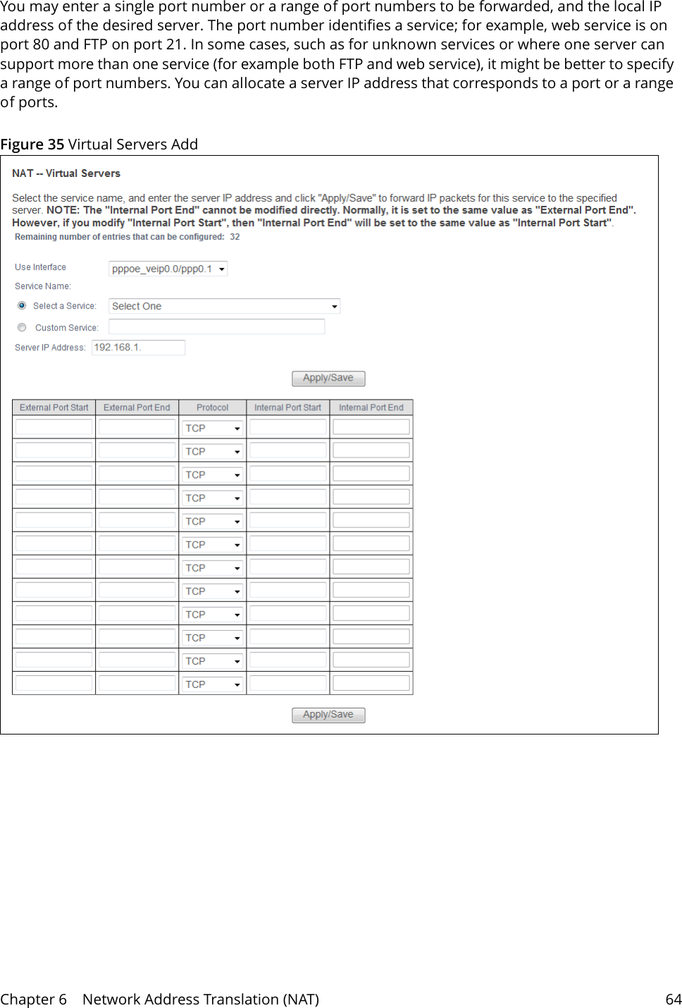 Chapter 6    Network Address Translation (NAT) 64You may enter a single port number or a range of port numbers to be forwarded, and the local IP address of the desired server. The port number identifies a service; for example, web service is on port 80 and FTP on port 21. In some cases, such as for unknown services or where one server can support more than one service (for example both FTP and web service), it might be better to specify a range of port numbers. You can allocate a server IP address that corresponds to a port or a range of ports.Figure 35 Virtual Servers Add 