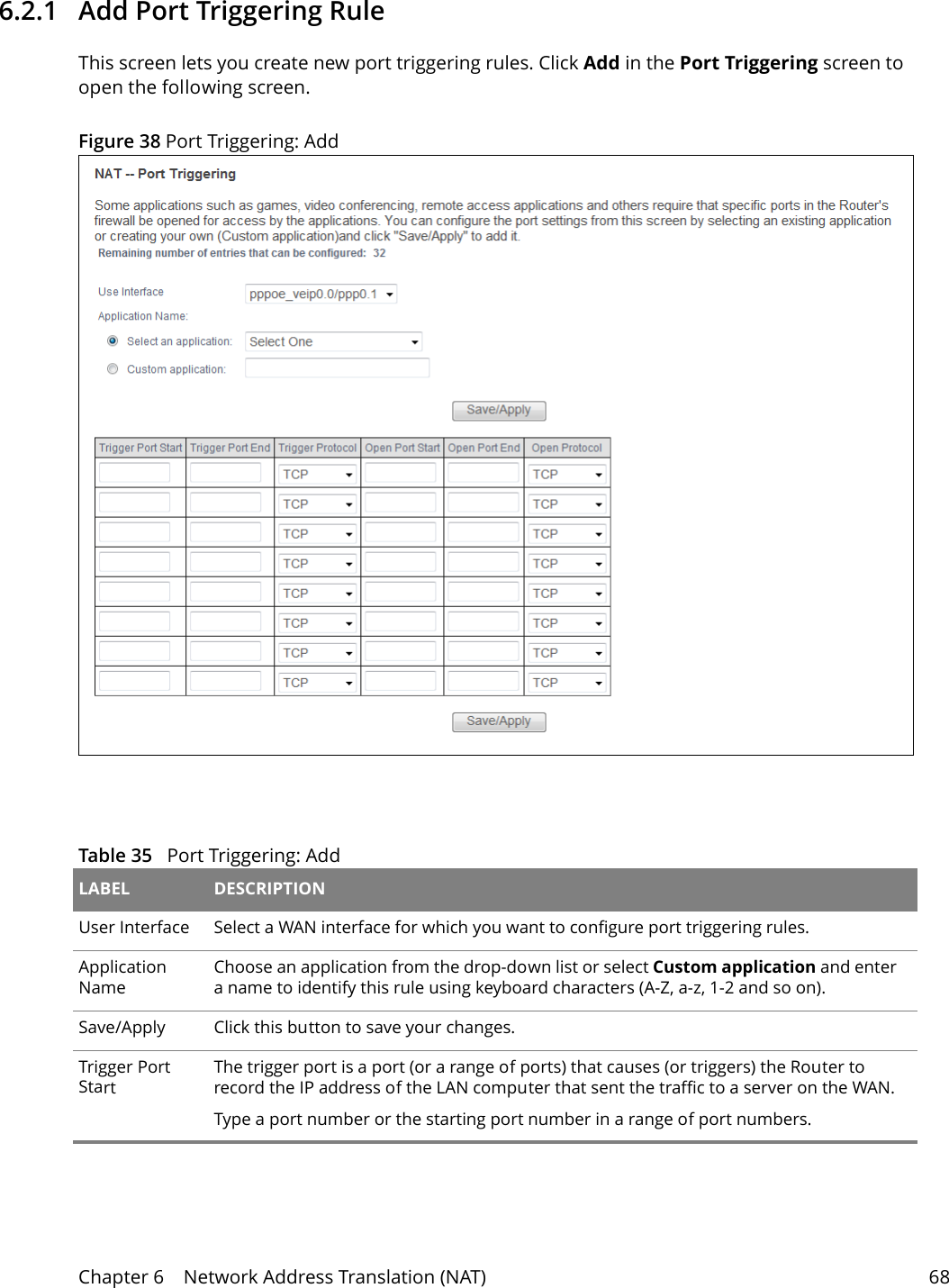 Chapter 6    Network Address Translation (NAT) 686.2.1   Add Port Triggering Rule This screen lets you create new port triggering rules. Click Add in the Port Triggering screen to open the following screen.Figure 38 Port Triggering: Add  Table 35   Port Triggering: Add LABEL DESCRIPTIONUser Interface Select a WAN interface for which you want to configure port triggering rules.Application  NameChoose an application from the drop-down list or select Custom application and enter a name to identify this rule using keyboard characters (A-Z, a-z, 1-2 and so on). Save/Apply Click this button to save your changes.Trigger Port StartThe trigger port is a port (or a range of ports) that causes (or triggers) the Router to record the IP address of the LAN computer that sent the traffic to a server on the WAN.Type a port number or the starting port number in a range of port numbers.