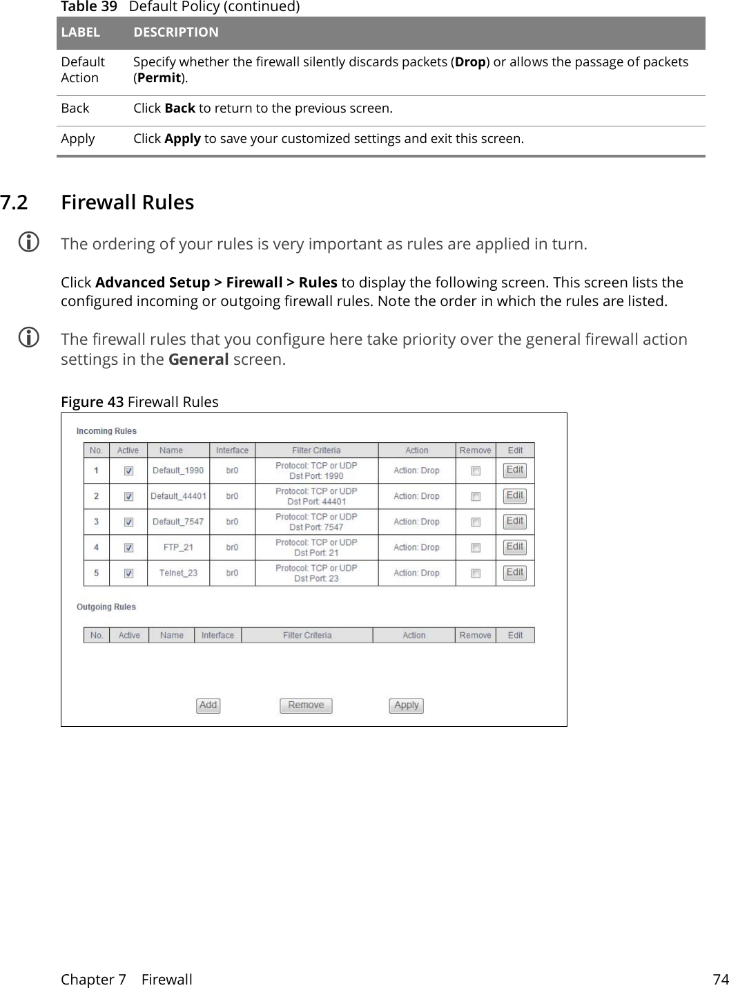Chapter 7    Firewall 747.2   Firewall Rules The ordering of your rules is very important as rules are applied in turn.Click Advanced Setup > Firewall > Rules to display the following screen. This screen lists the configured incoming or outgoing firewall rules. Note the order in which the rules are listed. The firewall rules that you configure here take priority over the general firewall action settings in the General screen.Figure 43 Firewall Rules Default ActionSpecify whether the firewall silently discards packets (Drop) or allows the passage of packets (Permit).Back Click Back to return to the previous screen.Apply Click Apply to save your customized settings and exit this screen.Table 39   Default Policy (continued)LABEL DESCRIPTION
