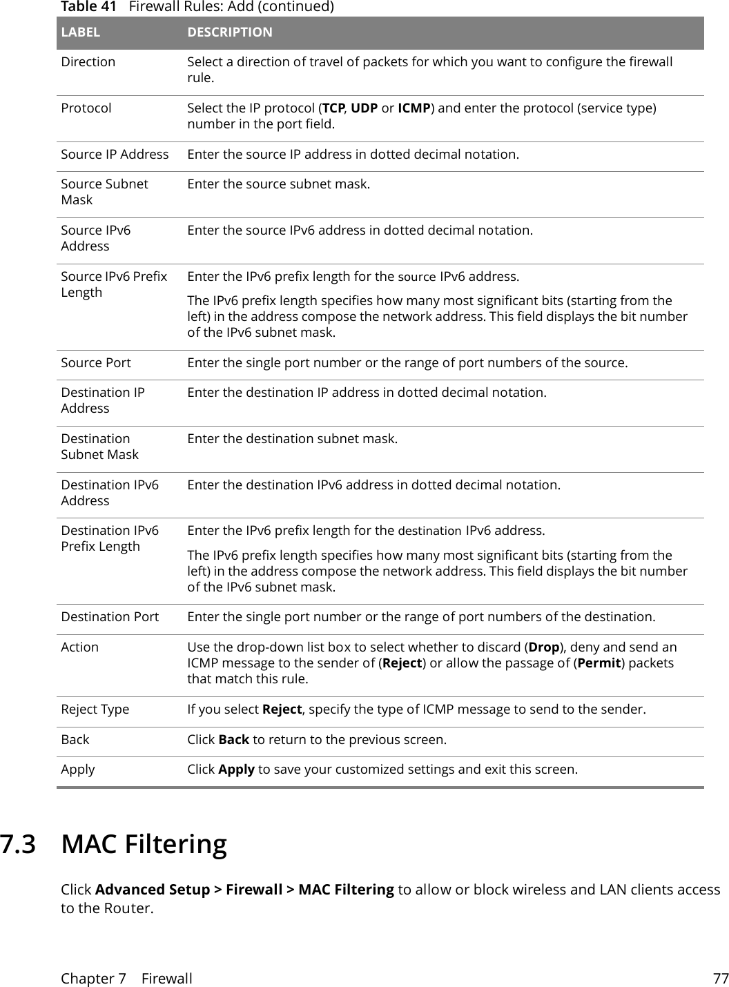 Chapter 7    Firewall 777.3 MAC FilteringClick Advanced Setup > Firewall > MAC Filtering to allow or block wireless and LAN clients access to the Router. Direction Select a direction of travel of packets for which you want to configure the firewall rule.Protocol Select the IP protocol (TCP, UDP or ICMP) and enter the protocol (service type) number in the port field. Source IP Address Enter the source IP address in dotted decimal notation.Source Subnet MaskEnter the source subnet mask.Source IPv6 AddressEnter the source IPv6 address in dotted decimal notation.Source IPv6 Prefix LengthEnter the IPv6 prefix length for the source IPv6 address.The IPv6 prefix length specifies how many most significant bits (starting from the left) in the address compose the network address. This field displays the bit number of the IPv6 subnet mask.Source Port Enter the single port number or the range of port numbers of the source.Destination IP AddressEnter the destination IP address in dotted decimal notation.Destination Subnet MaskEnter the destination subnet mask.Destination IPv6 AddressEnter the destination IPv6 address in dotted decimal notation.Destination IPv6 Prefix LengthEnter the IPv6 prefix length for the destination IPv6 address.The IPv6 prefix length specifies how many most significant bits (starting from the left) in the address compose the network address. This field displays the bit number of the IPv6 subnet mask.Destination Port Enter the single port number or the range of port numbers of the destination.Action Use the drop-down list box to select whether to discard (Drop), deny and send an ICMP message to the sender of (Reject) or allow the passage of (Permit) packets that match this rule. Reject Type If you select Reject, specify the type of ICMP message to send to the sender.Back Click Back to return to the previous screen.Apply Click Apply to save your customized settings and exit this screen.Table 41   Firewall Rules: Add (continued)LABEL DESCRIPTION