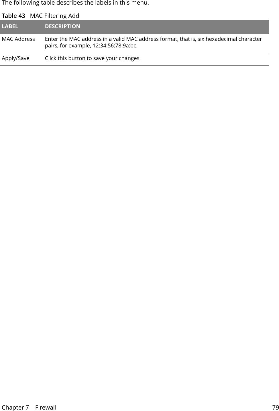 Chapter 7    Firewall 79The following table describes the labels in this menu.Table 43   MAC Filtering Add LABEL DESCRIPTIONMAC Address Enter the MAC address in a valid MAC address format, that is, six hexadecimal character pairs, for example, 12:34:56:78:9a:bc.Apply/Save Click this button to save your changes.