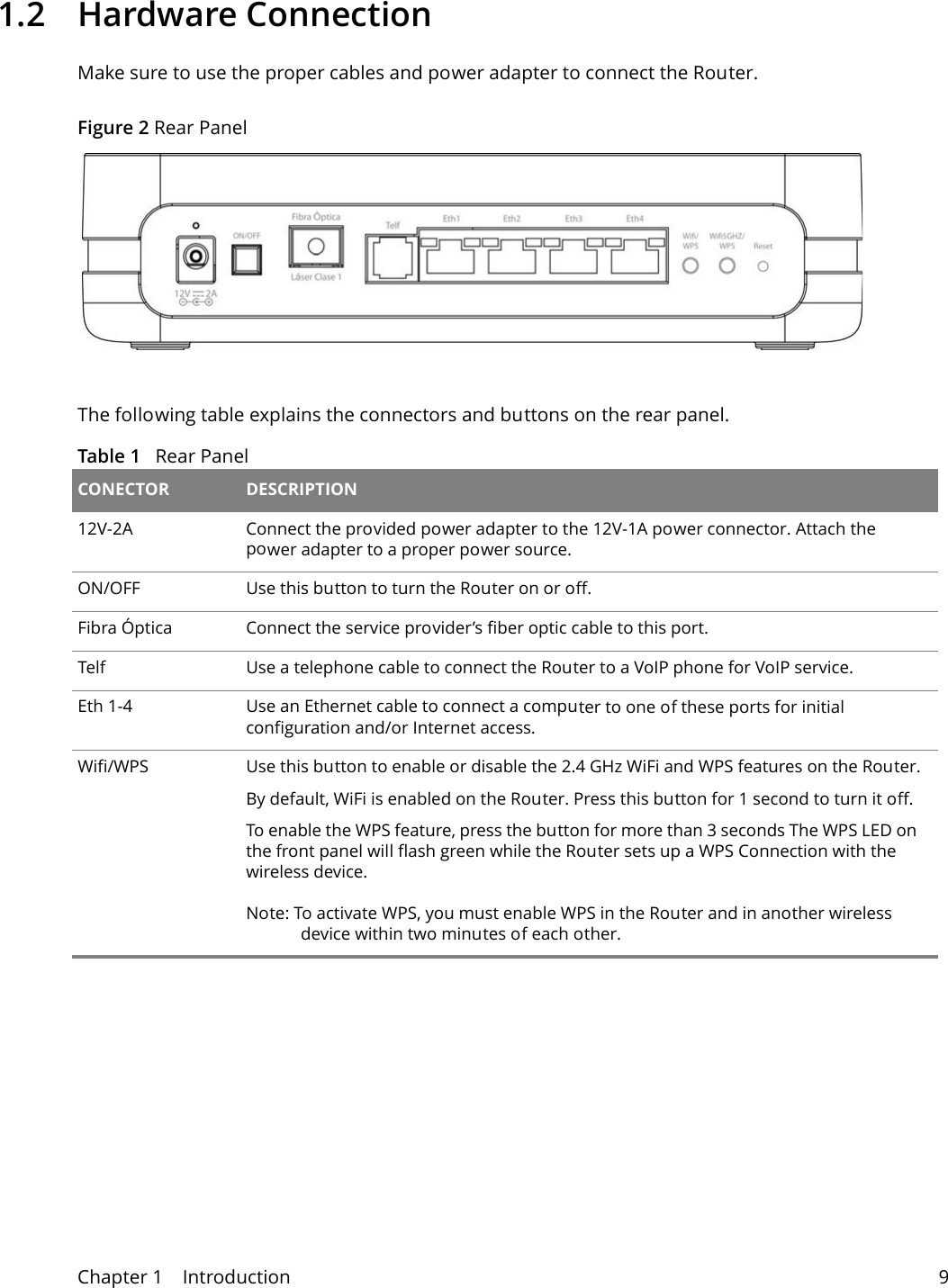Chapter 1    Introduction 91.2 Hardware ConnectionMake sure to use the proper cables and power adapter to connect the Router.Figure 2 Rear PanelThe following table explains the connectors and buttons on the rear panel.Table 1   Rear Panel CONECTOR DESCRIPTION12V-2A Connect the provided power adapter to the 12V-1A power connector. Attach the power adapter to a proper power source. ON/OFF Use this button to turn the Router on or off. Fibra &Oacute;ptica Connect the service provider&rsquo;s fiber optic cable to this port.Telf Use a telephone cable to connect the Router to a VoIP phone for VoIP service.Eth 1-4 Use an Ethernet cable to connect a computer to one of these ports for initial configuration and/or Internet access. Wifi/WPS Use this button to enable or disable the 2.4 GHz WiFi and WPS features on the Router.By default, WiFi is enabled on the Router. Press this button for 1 second to turn it off. To enable the WPS feature, press the button for more than 3 seconds The WPS LED on the front panel will flash green while the Router sets up a WPS Connection with the wireless device.Note: To activate WPS, you must enable WPS in the Router and in another wireless device within two minutes of each other. 