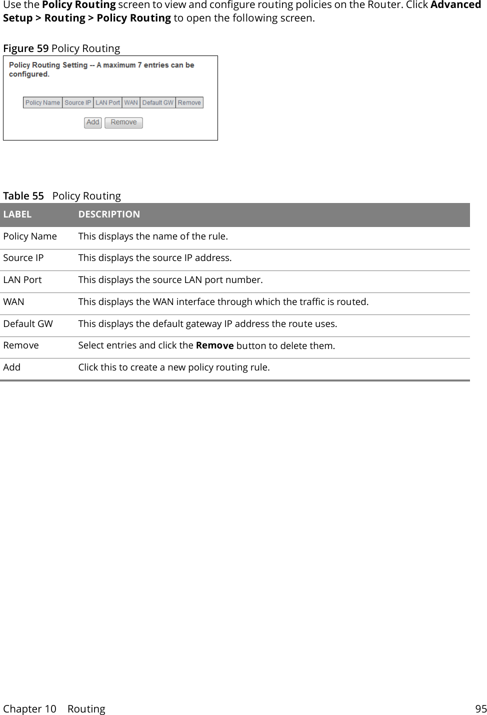 Chapter 10    Routing 95Use the Policy Routing screen to view and configure routing policies on the Router. Click Advanced Setup > Routing > Policy Routing to open the following screen.Figure 59 Policy Routing Table 55   Policy Routing LABEL DESCRIPTIONPolicy Name This displays the name of the rule.Source IP This displays the source IP address.LAN Port This displays the source LAN port number.WAN This displays the WAN interface through which the traffic is routed. Default GW This displays the default gateway IP address the route uses.Remove Select entries and click the Remove button to delete them. Add Click this to create a new policy routing rule.